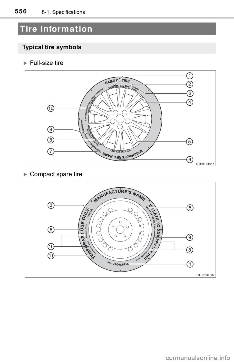TOYOTA CAMRY HYBRID 2023 Owners Manual 5568-1. Specifications
Full-size tire
Compact spare tire
Tire information
Typical tire symbols TOYOTA CAMRY HYBRID 2023 Owners Manual 5568-1. Specifications
Full-size tire
Compact spare tire
Tire information
Typical tire symbols