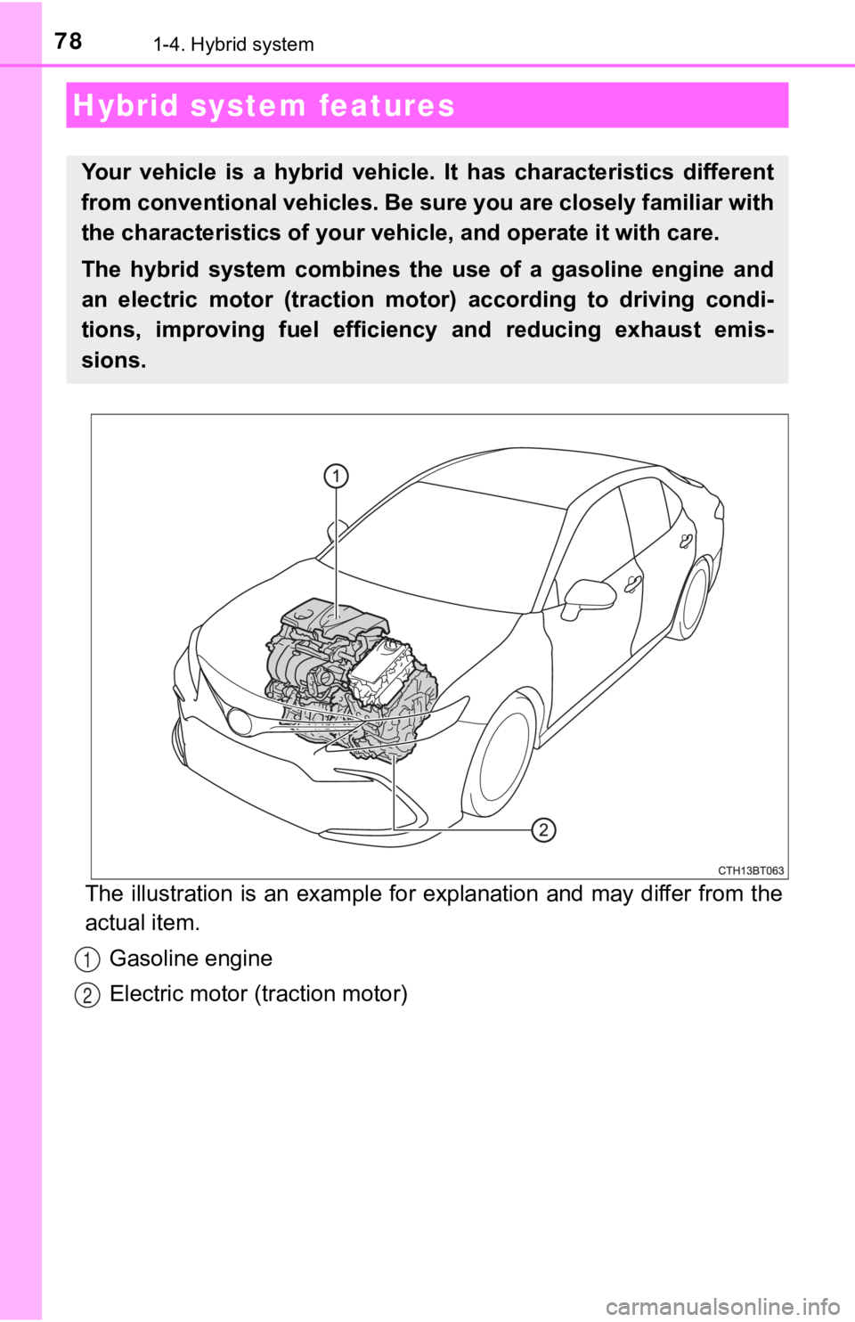TOYOTA CAMRY HYBRID 2023 Manual PDF 781-4. Hybrid system
The illustration is an example for explanation and may differ from the
actual item.
Gasoline engine
Electric motor (traction motor)
Hybrid system features
Your vehicle is a hy TOYOTA CAMRY HYBRID 2023 Manual PDF 781-4. Hybrid system
The illustration is an example for explanation and may differ from the
actual item.
Gasoline engine
Electric motor (traction motor)
Hybrid system features
Your vehicle is a hy