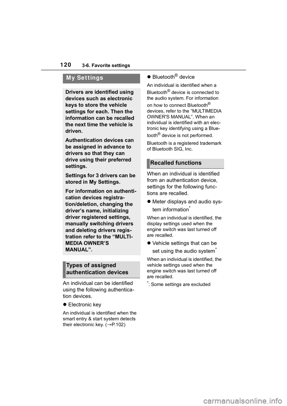 TOYOTA COROLLA HATCHBACK 2023 Owners Guide 1203-6. Favorite settings
3-6.Favorite settings
An individual can be identified
using the following authentica-
tion devices.
Electronic key
An individual is identified when the
smart entry & sta TOYOTA COROLLA HATCHBACK 2023 Owners Guide 1203-6. Favorite settings
3-6.Favorite settings
An individual can be identified
using the following authentica-
tion devices.
Electronic key
An individual is identified when the
smart entry & sta