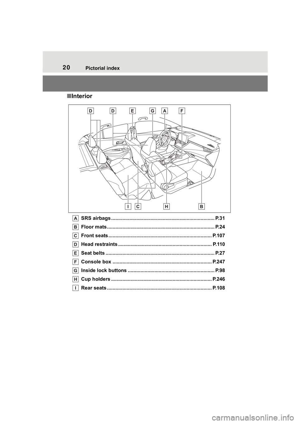 TOYOTA COROLLA HATCHBACK 2023 User Guide 20Pictorial index
■Interior
SRS airbags .................................................... ...................... P.31
Floor mats..................................................... ............. TOYOTA COROLLA HATCHBACK 2023 User Guide 20Pictorial index
■Interior
SRS airbags .................................................... ...................... P.31
Floor mats..................................................... .............