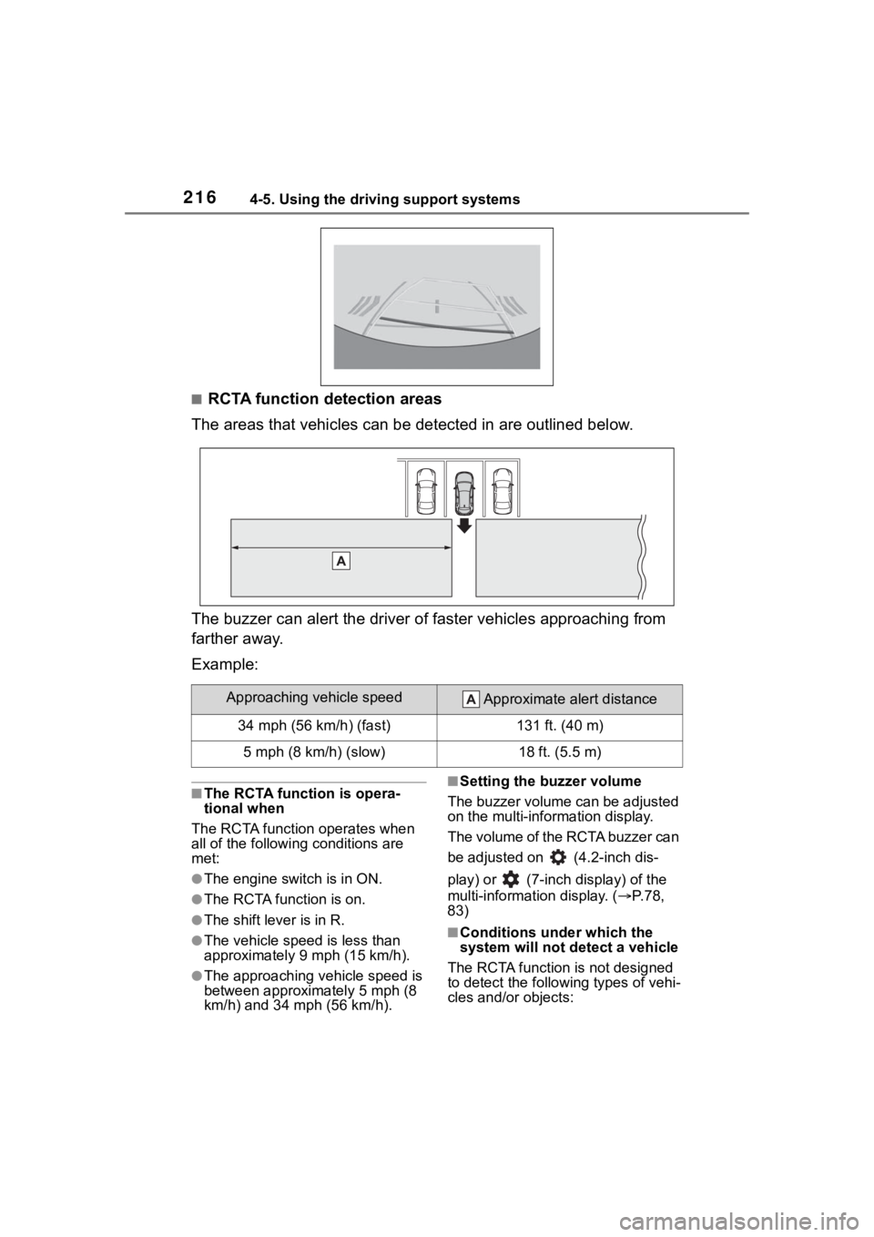 TOYOTA COROLLA HATCHBACK 2023 Manual PDF 2164-5. Using the driving support systems
■RCTA function detection areas
The areas that vehicles can be detected in are outlined below.
The buzzer can alert the driver of faster vehicles approaching TOYOTA COROLLA HATCHBACK 2023 Manual PDF 2164-5. Using the driving support systems
■RCTA function detection areas
The areas that vehicles can be detected in are outlined below.
The buzzer can alert the driver of faster vehicles approaching