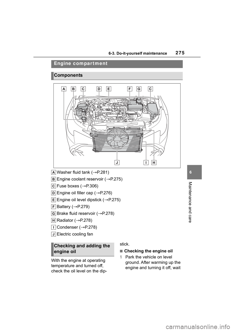 TOYOTA COROLLA HATCHBACK 2023 Owners Guide 2756-3. Do-it-yourself maintenance
6
Maintenance and care
Washer fluid tank (P.281)
Engine coolant reservoir ( P.275)
Fuse boxes ( P.306)
Engine oil filler cap ( P.276)
Engine oil level di TOYOTA COROLLA HATCHBACK 2023 Owners Guide 2756-3. Do-it-yourself maintenance
6
Maintenance and care
Washer fluid tank (P.281)
Engine coolant reservoir ( P.275)
Fuse boxes ( P.306)
Engine oil filler cap ( P.276)
Engine oil level di