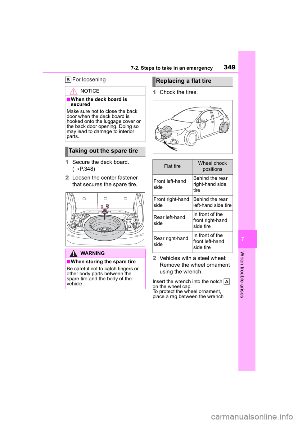 TOYOTA COROLLA HATCHBACK 2023 Owners Manual 3497-2. Steps to take in an emergency
7
When trouble arises
For loosening
1 Secure the deck board.
( P.348)
2 Loosen the center fastener
that secures the spare tire. 1
Chock the tires.
2 Vehicles TOYOTA COROLLA HATCHBACK 2023 Owners Manual 3497-2. Steps to take in an emergency
7
When trouble arises
For loosening
1 Secure the deck board.
( P.348)
2 Loosen the center fastener
that secures the spare tire. 1
Chock the tires.
2 Vehicles