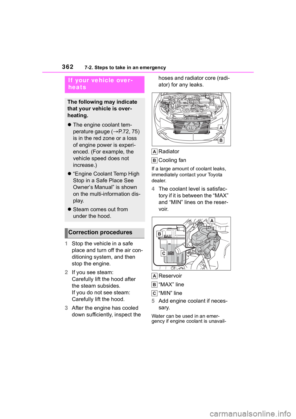 TOYOTA COROLLA HATCHBACK 2023 User Guide 3627-2. Steps to take in an emergency
1Stop the vehicle in a safe
place and turn off the air con-
ditioning system, and then
stop the engine.
2 If you see steam:
Carefully lift the hood after
the s TOYOTA COROLLA HATCHBACK 2023 User Guide 3627-2. Steps to take in an emergency
1Stop the vehicle in a safe
place and turn off the air con-
ditioning system, and then
stop the engine.
2 If you see steam:
Carefully lift the hood after
the s