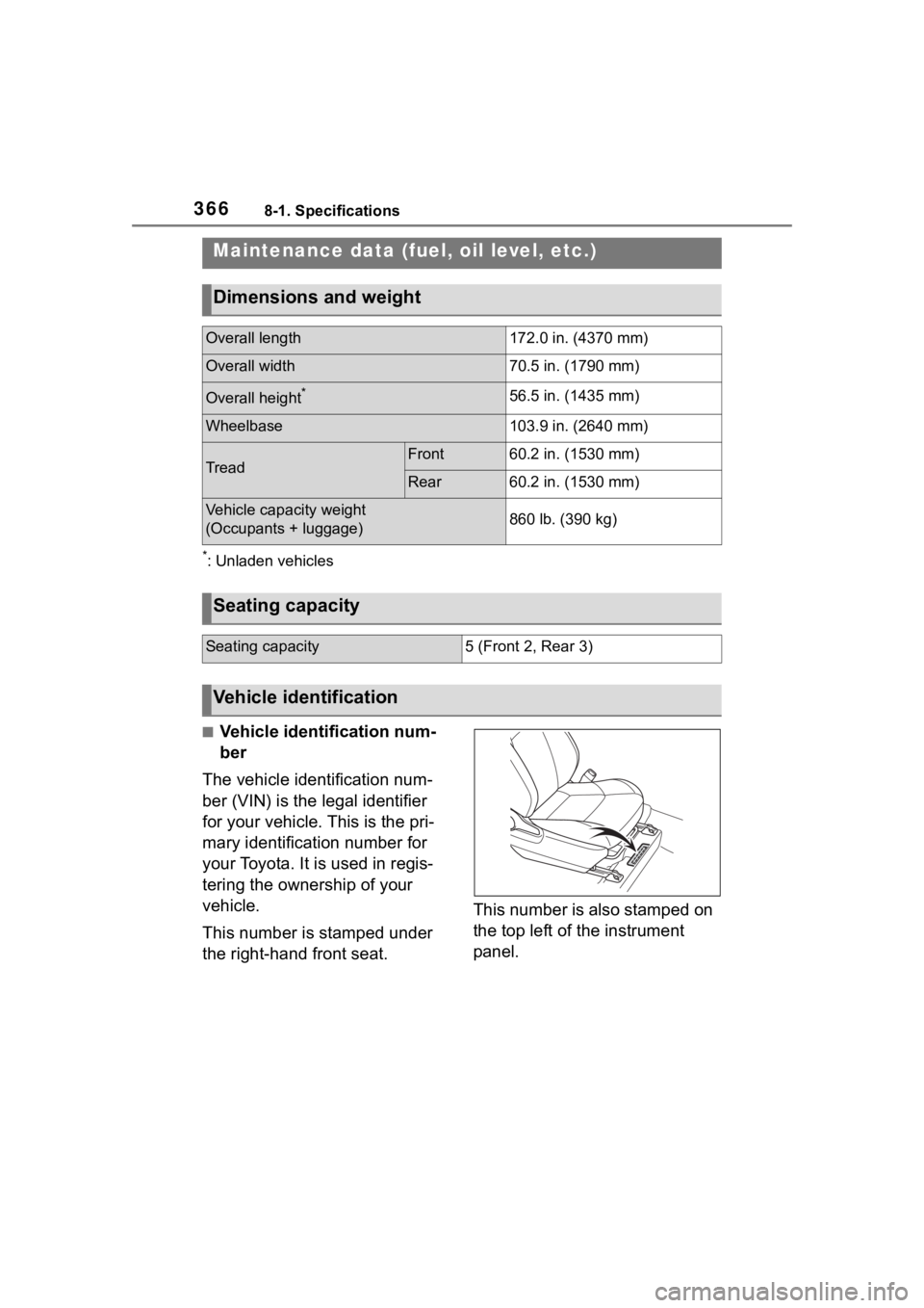 TOYOTA COROLLA HATCHBACK 2023  Owners Manual 3668-1. Specifications
8-1.Specifications
*: Unladen vehicles
■Vehicle identification num-
ber
The vehicle identification num-
ber (VIN) is the legal identifier 
for your vehicle. This is the pri-
m