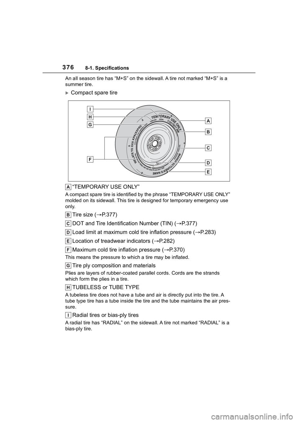 TOYOTA COROLLA HATCHBACK 2023 Owners Manual 3768-1. Specifications
An all season tire has “M+S” on the sidewal l. A tire not marked “M+S” is a
summer tire.
Compact spare tire
“TEMPORARY USE ONLY”
A compact spare tire is identifi TOYOTA COROLLA HATCHBACK 2023 Owners Manual 3768-1. Specifications
An all season tire has “M+S” on the sidewal l. A tire not marked “M+S” is a
summer tire.
Compact spare tire
“TEMPORARY USE ONLY”
A compact spare tire is identifi