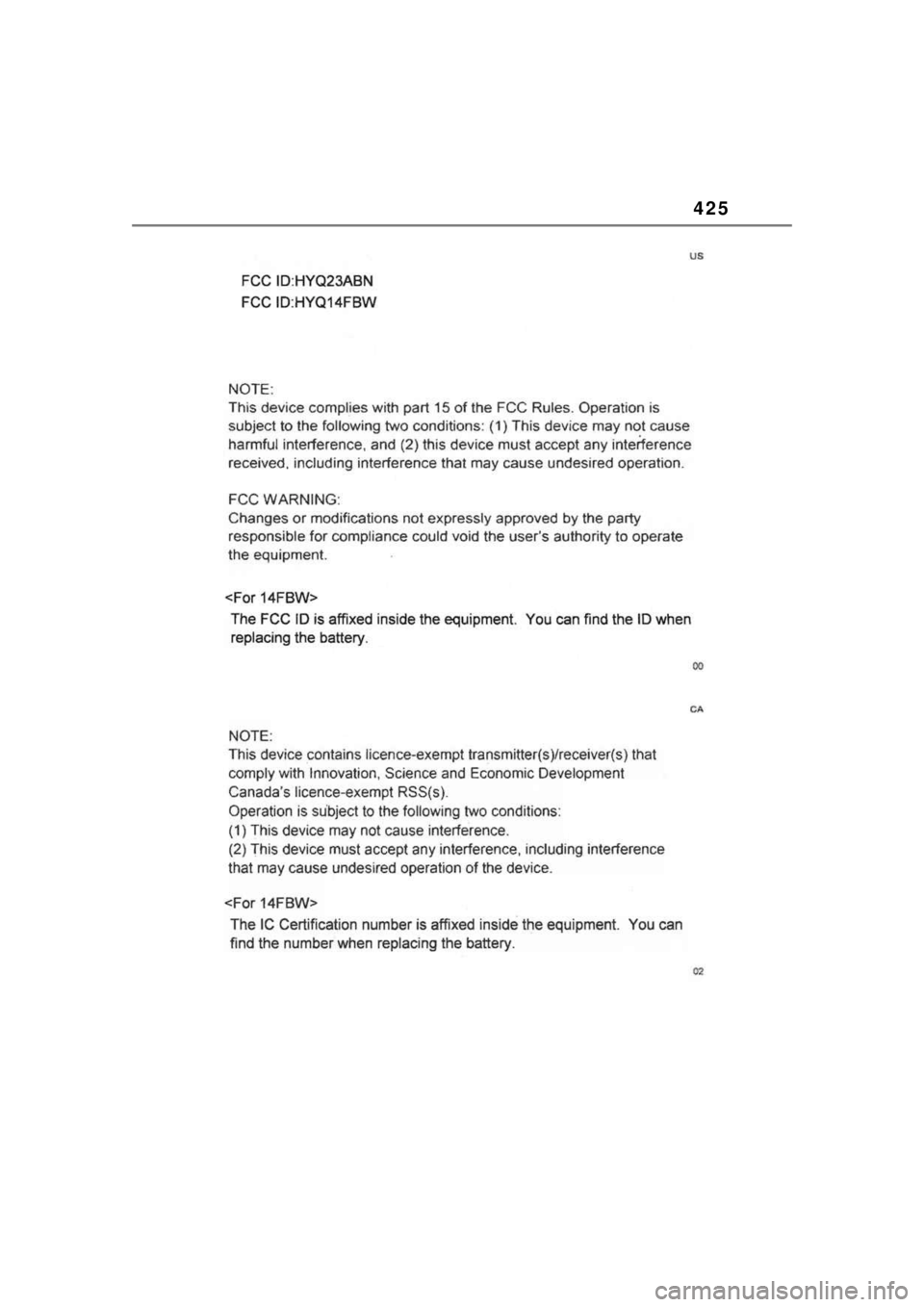 TOYOTA COROLLA HATCHBACK 2023  Owners Manual 425 