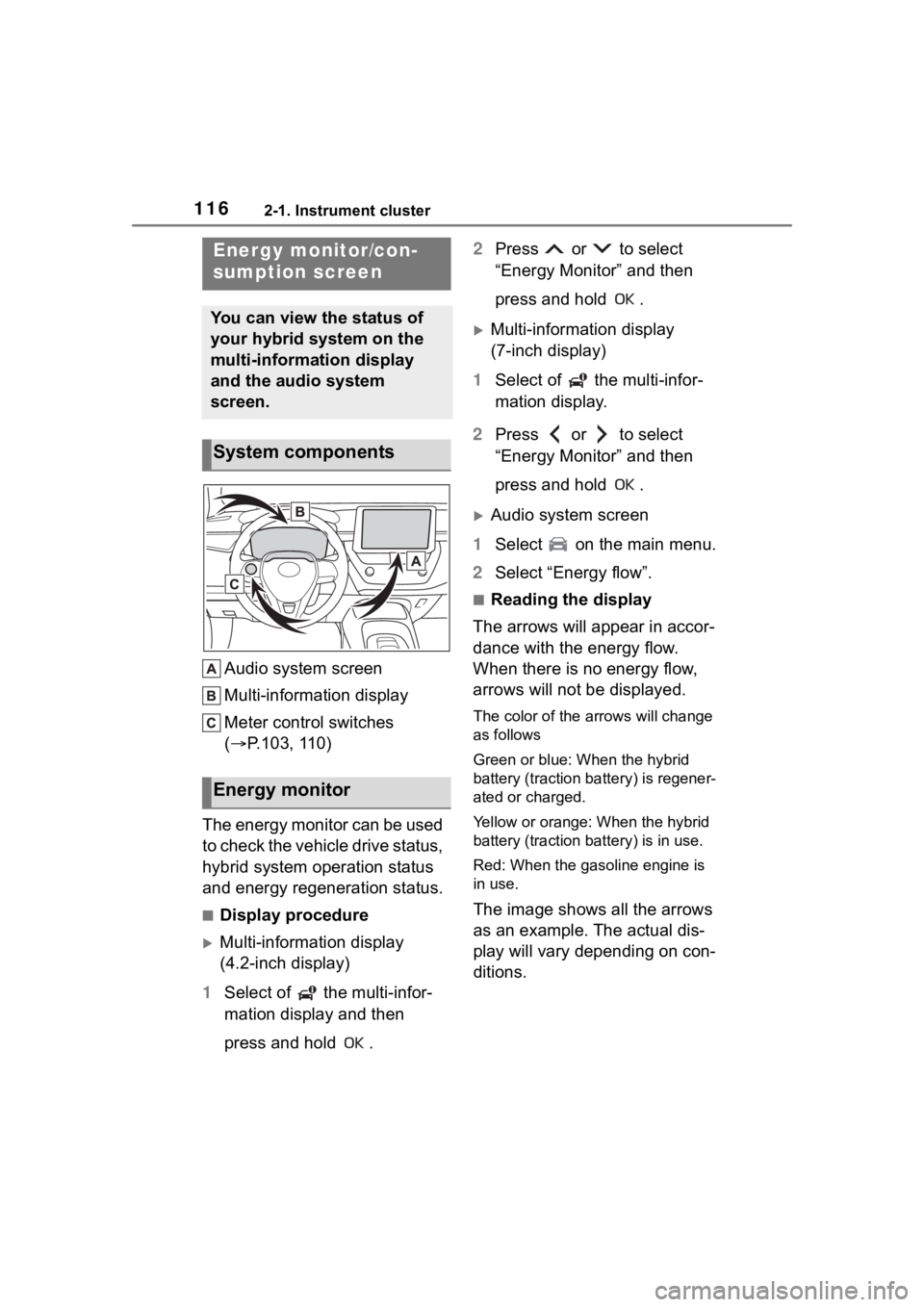 TOYOTA COROLLA HYBRID 2023 Owners Manual 1162-1. Instrument cluster
Audio system screen
Multi-information display
Meter control switches
(P.103, 110)
The energy monitor can be used
to check the vehicle drive status,
hybrid system opera TOYOTA COROLLA HYBRID 2023 Owners Manual 1162-1. Instrument cluster
Audio system screen
Multi-information display
Meter control switches
(P.103, 110)
The energy monitor can be used
to check the vehicle drive status,
hybrid system opera