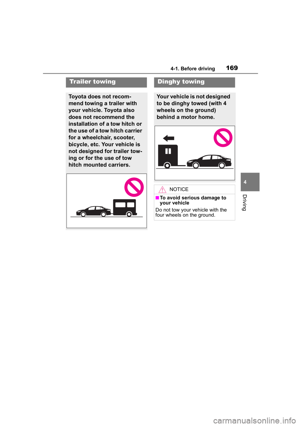 TOYOTA COROLLA HYBRID 2023  Owners Manual 1694-1. Before driving
4
Driving
Trailer towing
Toyota does not recom-
mend towing a trailer with 
your vehicle. Toyota also 
does not recommend the 
installation of a tow hitch or 
the use of a tow h