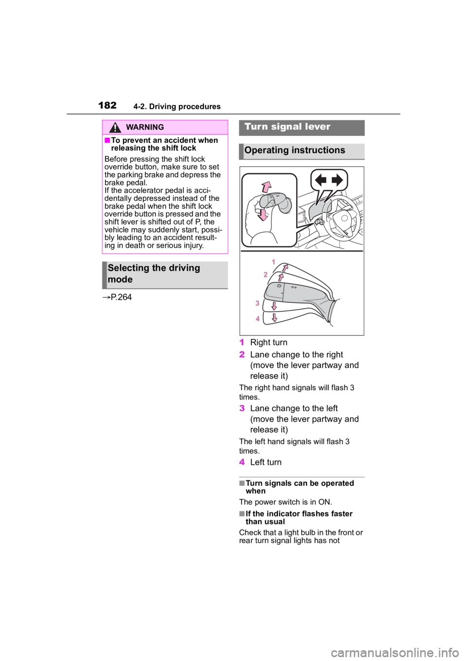 TOYOTA COROLLA HYBRID 2023  Owners Manual 1824-2. Driving procedures
P.264
1Right turn
2 Lane change to the right 
(move the lever partway and 
release it)
The right hand s ignals will flash 3 
times.
3 Lane change to the left 
(move the l