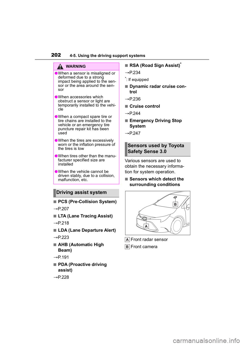 TOYOTA COROLLA HYBRID 2023 Owners Manual 2024-5. Using the driving support systems
■PCS (Pre-Collision System)
P.207
■LTA (Lane Tracing Assist)
P.218
■LDA (Lane Departure Alert)
P.223
■AHB (Automatic High
Beam)
P.191 TOYOTA COROLLA HYBRID 2023 Owners Manual 2024-5. Using the driving support systems
■PCS (Pre-Collision System)
P.207
■LTA (Lane Tracing Assist)
P.218
■LDA (Lane Departure Alert)
P.223
■AHB (Automatic High
Beam)
P.191