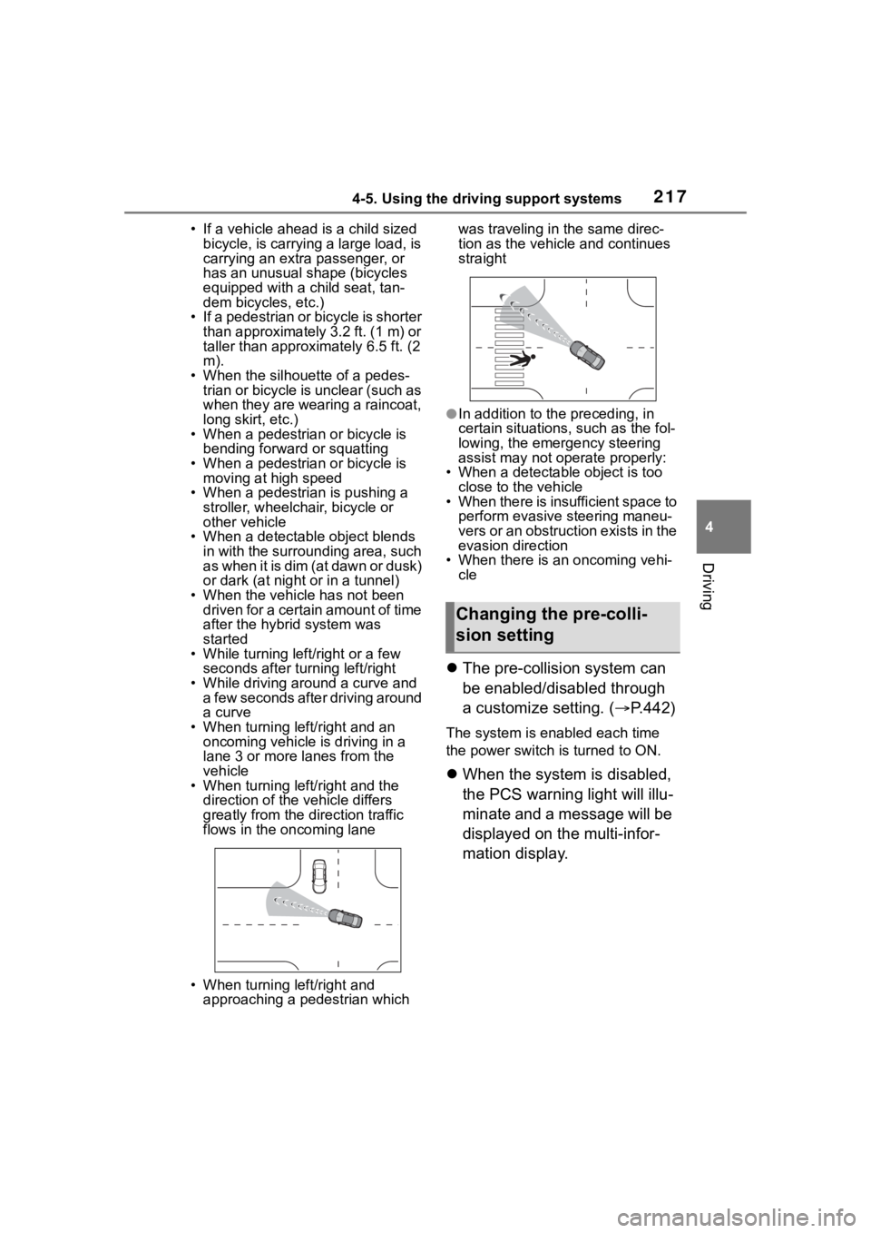 TOYOTA COROLLA HYBRID 2023 Owners Manual 2174-5. Using the driving support systems
4
Driving
• If a vehicle ahead is a child sized bicycle, is carrying a large load, is
carrying an extra passenger, or
has an unusual shape (bicycles
equi TOYOTA COROLLA HYBRID 2023 Owners Manual 2174-5. Using the driving support systems
4
Driving
• If a vehicle ahead is a child sized bicycle, is carrying a large load, is
carrying an extra passenger, or
has an unusual shape (bicycles
equi