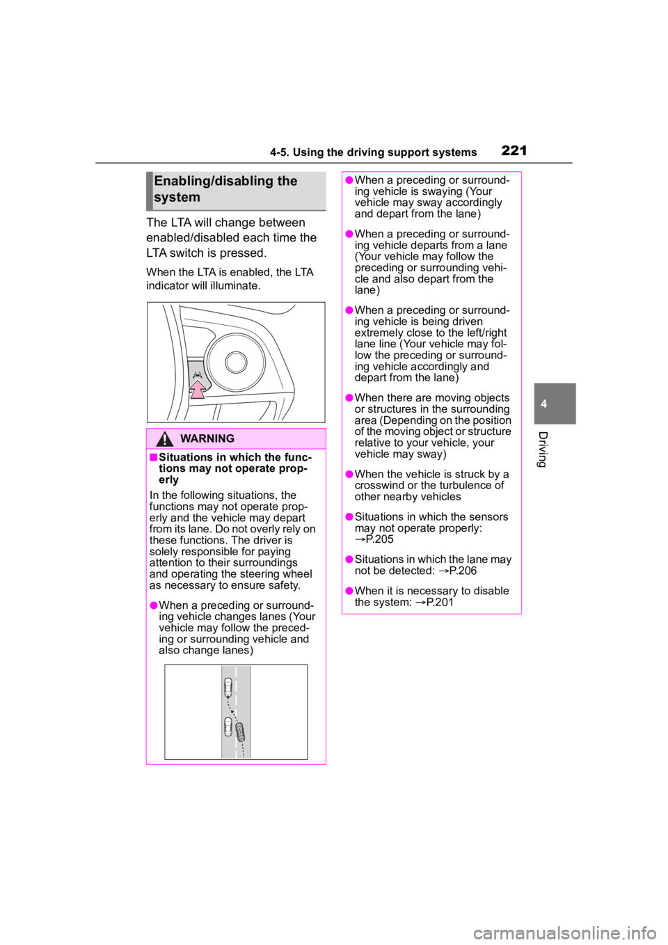 TOYOTA COROLLA HYBRID 2023 Owners Manual 2214-5. Using the driving support systems
4
Driving
The LTA will change between
enabled/disabled each time the
LTA switch is pressed.
When the LTA is enabled, the LTA
indicator will illuminate.
Ena TOYOTA COROLLA HYBRID 2023 Owners Manual 2214-5. Using the driving support systems
4
Driving
The LTA will change between
enabled/disabled each time the
LTA switch is pressed.
When the LTA is enabled, the LTA
indicator will illuminate.
Ena