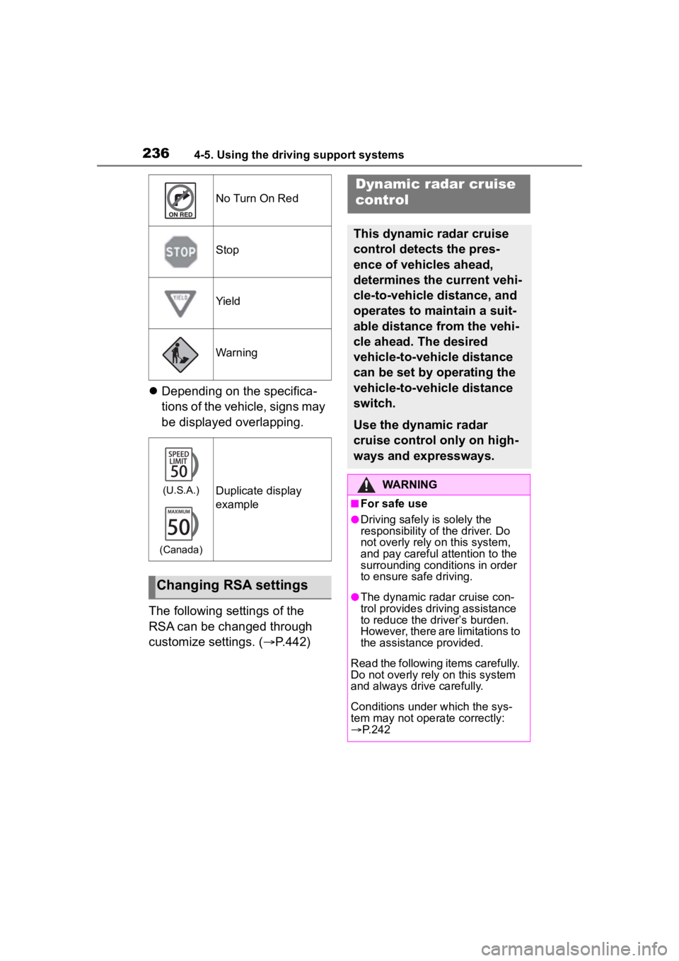 TOYOTA COROLLA HYBRID 2023  Owners Manual 2364-5. Using the driving support systems
Depending on the specifica-
tions of the vehicle, signs may 
be displayed overlapping.
The following settings of the 
RSA can be changed through 
customize