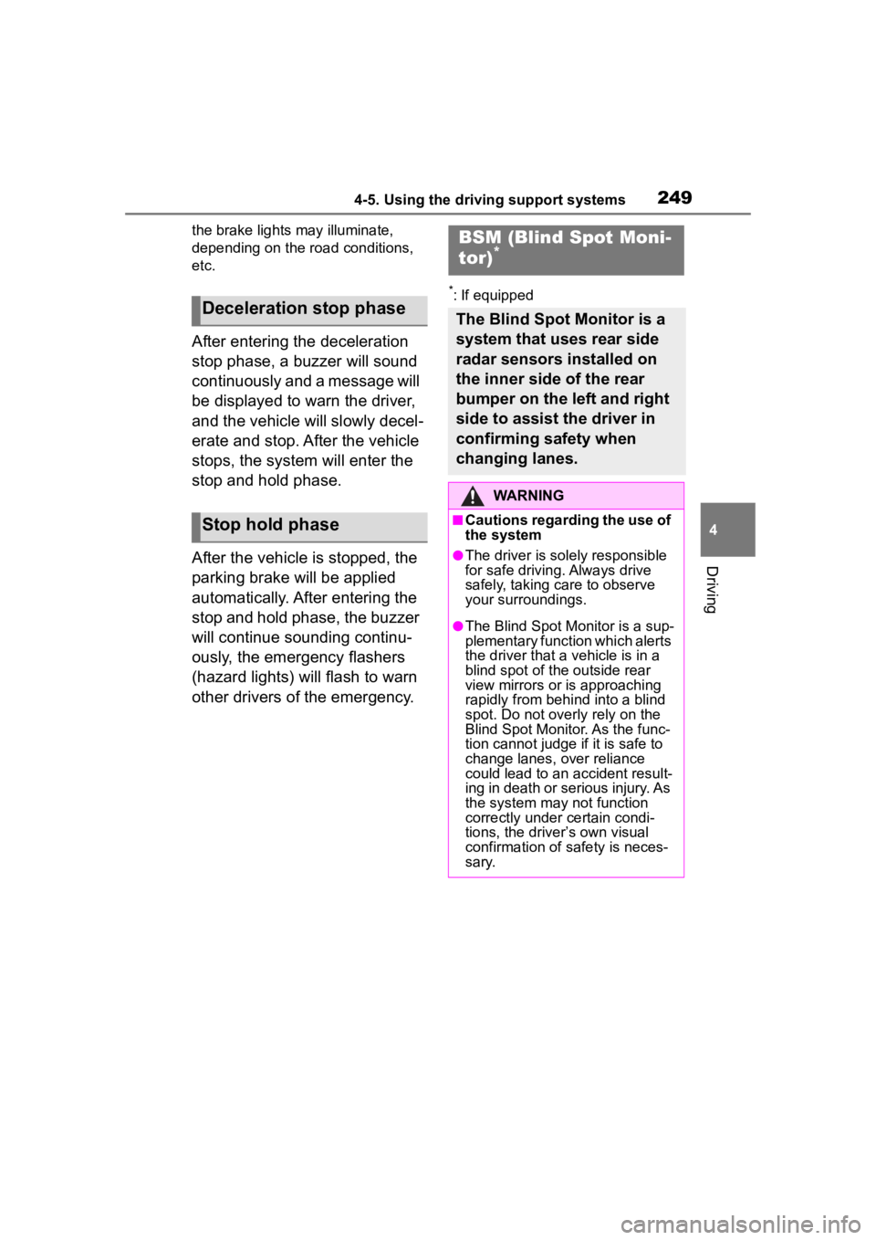 TOYOTA COROLLA HYBRID 2023  Owners Manual 2494-5. Using the driving support systems
4
Driving
the brake lights may illuminate, 
depending on the road conditions, 
etc.
After entering the deceleration 
stop phase, a buzzer will sound 
continuo