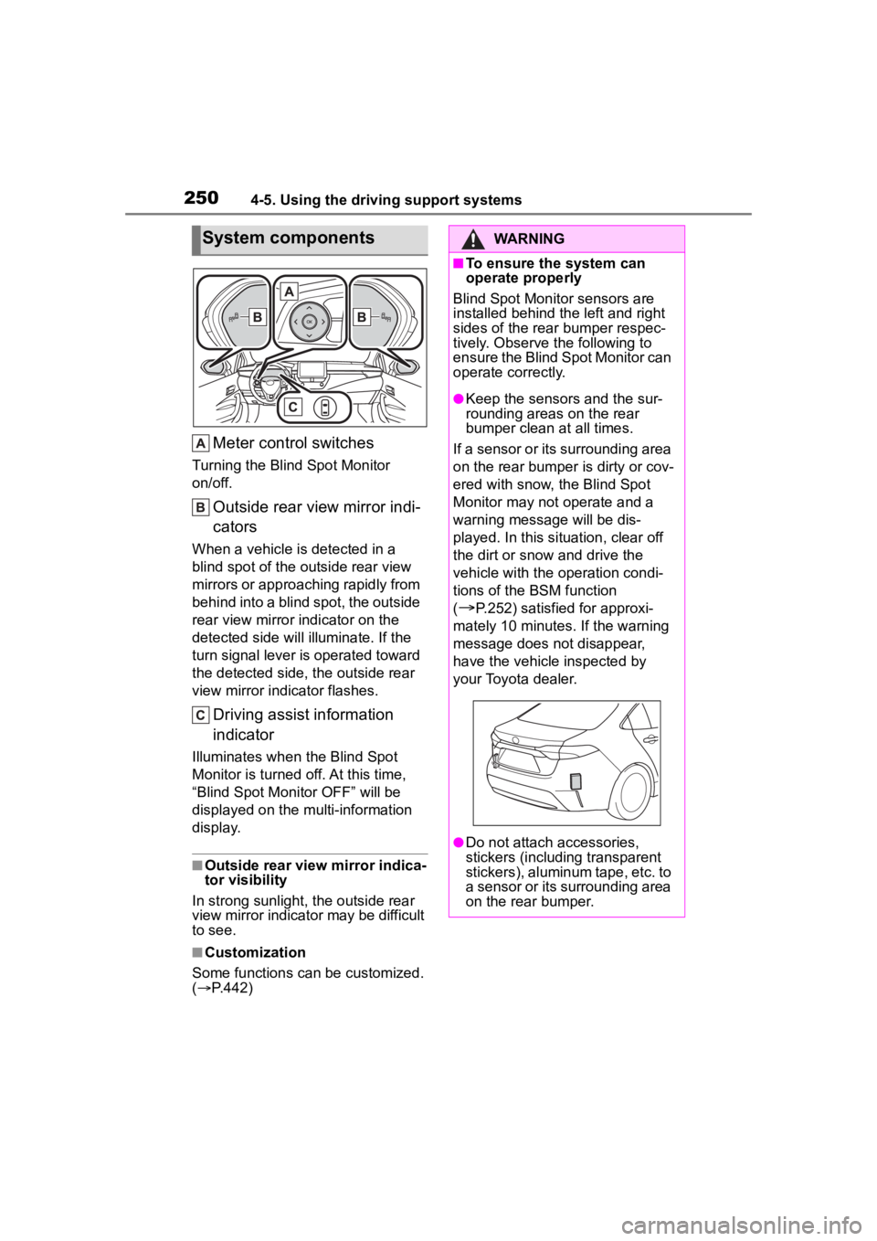 TOYOTA COROLLA HYBRID 2023  Owners Manual 2504-5. Using the driving support systems
Meter control switches
Turning the Blind Spot Monitor 
on/off.
Outside rear view mirror indi-
cators
When a vehicle is detected in a 
blind spot of the outsid