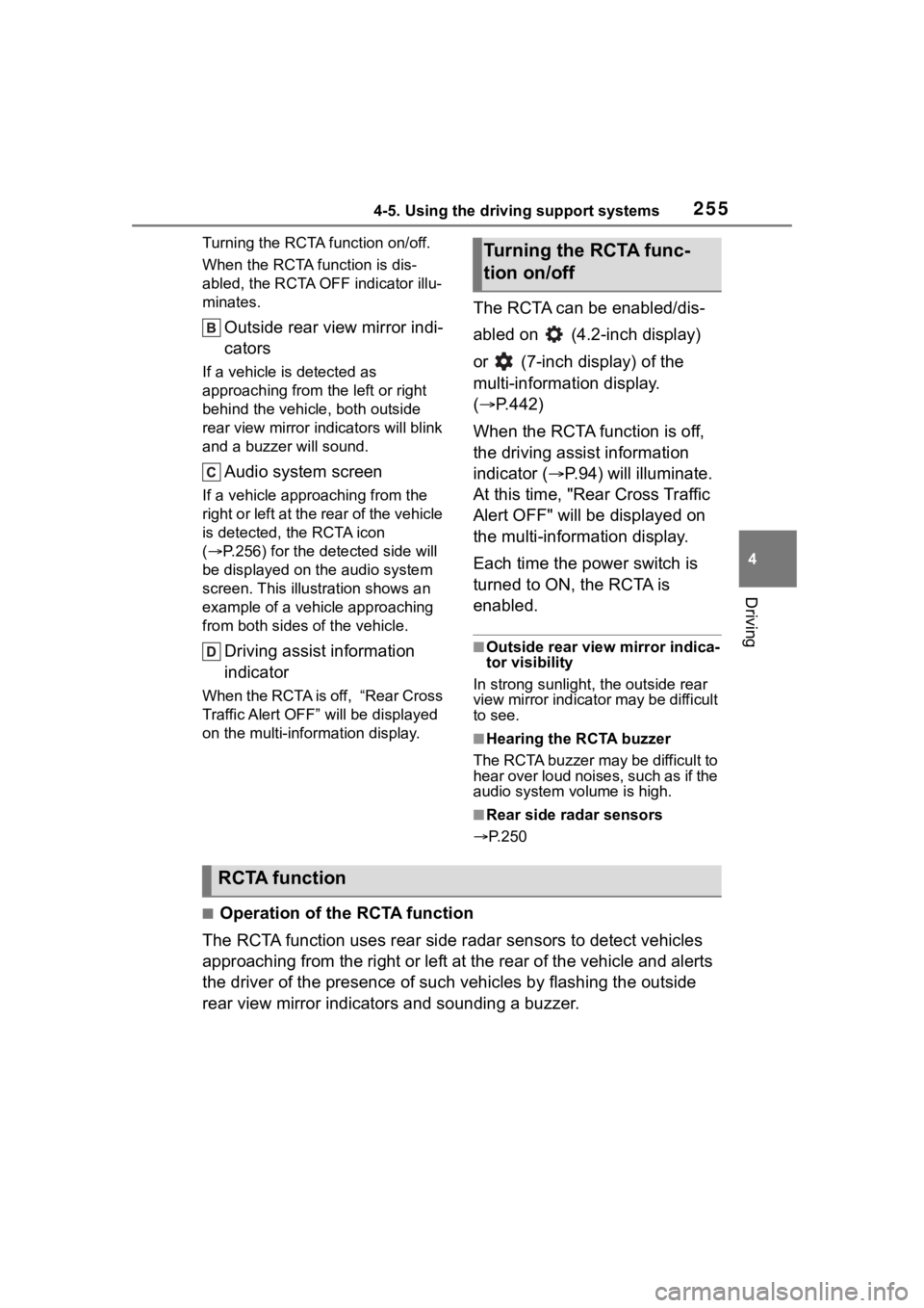 TOYOTA COROLLA HYBRID 2023  Owners Manual 2554-5. Using the driving support systems
4
Driving
Turning the RCTA function on/off.
When the RCTA function is dis-
abled, the RCTA OFF indicator illu-
minates.
Outside rear view mirror indi-
cators
