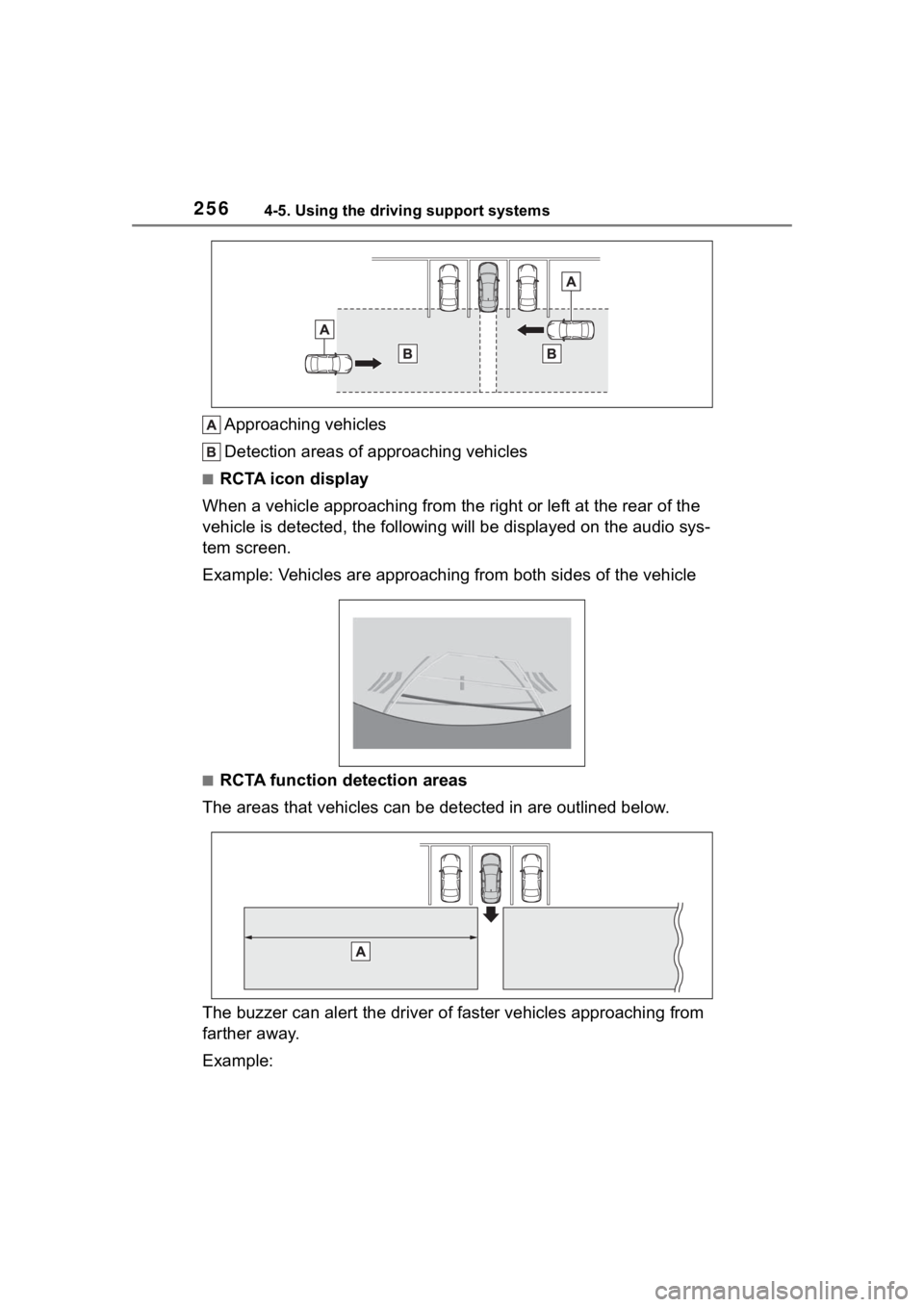 TOYOTA COROLLA HYBRID 2023  Owners Manual 2564-5. Using the driving support systems
Approaching vehicles
Detection areas of approaching vehicles
■RCTA icon display
When a vehicle approaching from the right or left at the rear o f the 
vehic