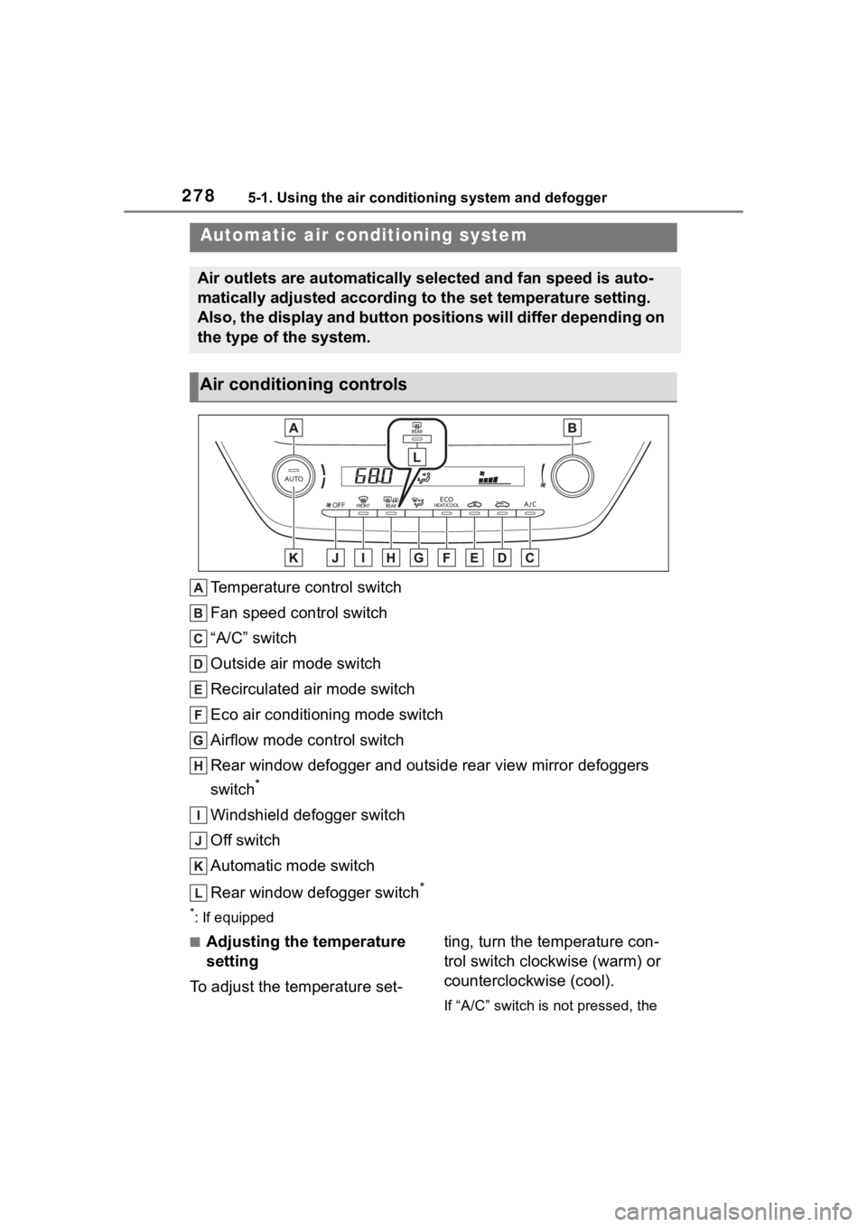 TOYOTA COROLLA HYBRID 2023 Owners Manual 2785-1. Using the air conditioning system and defogger
5-1.Using the air conditioning system and defogger
Temperature control switch
Fan speed control switch
“A/C” switch
Outside air mode switch
R TOYOTA COROLLA HYBRID 2023 Owners Manual 2785-1. Using the air conditioning system and defogger
5-1.Using the air conditioning system and defogger
Temperature control switch
Fan speed control switch
“A/C” switch
Outside air mode switch
R