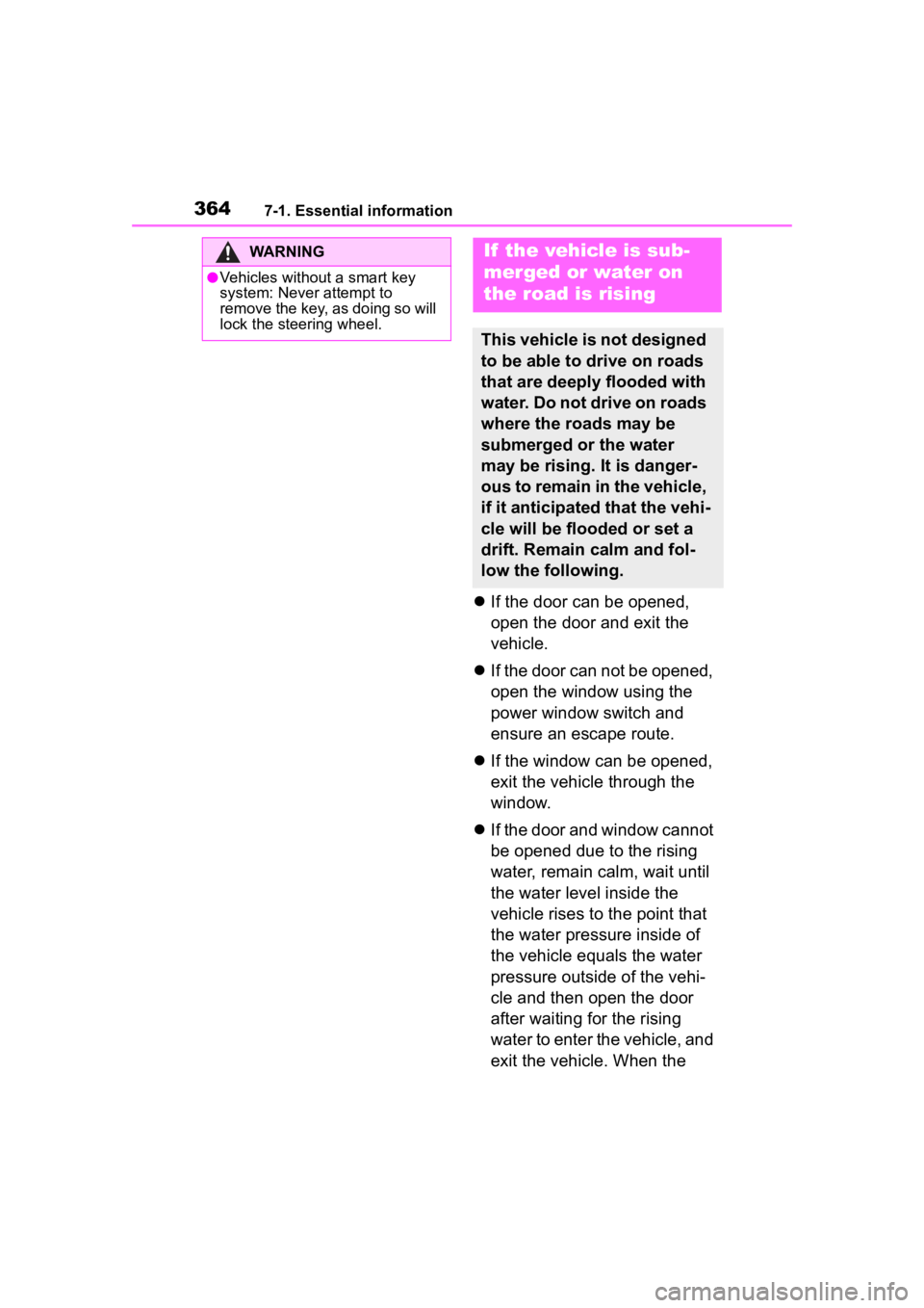 TOYOTA COROLLA HYBRID 2023  Owners Manual 3647-1. Essential information
If the door can be opened, 
open the door and exit the 
vehicle.
 If the door can not be opened, 
open the window using the 
power window switch and 
ensure an esca