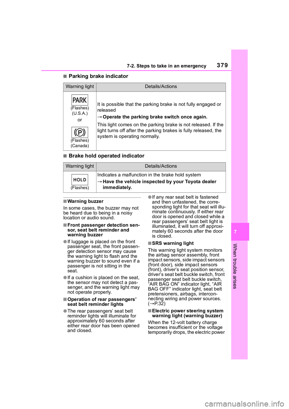 TOYOTA COROLLA HYBRID 2023  Owners Manual 3797-2. Steps to take in an emergency
7
When trouble arises
■Parking brake indicator
■Brake hold operated indicator
■Warning buzzer
In some cases, the buzzer may not 
be heard due to being in a 