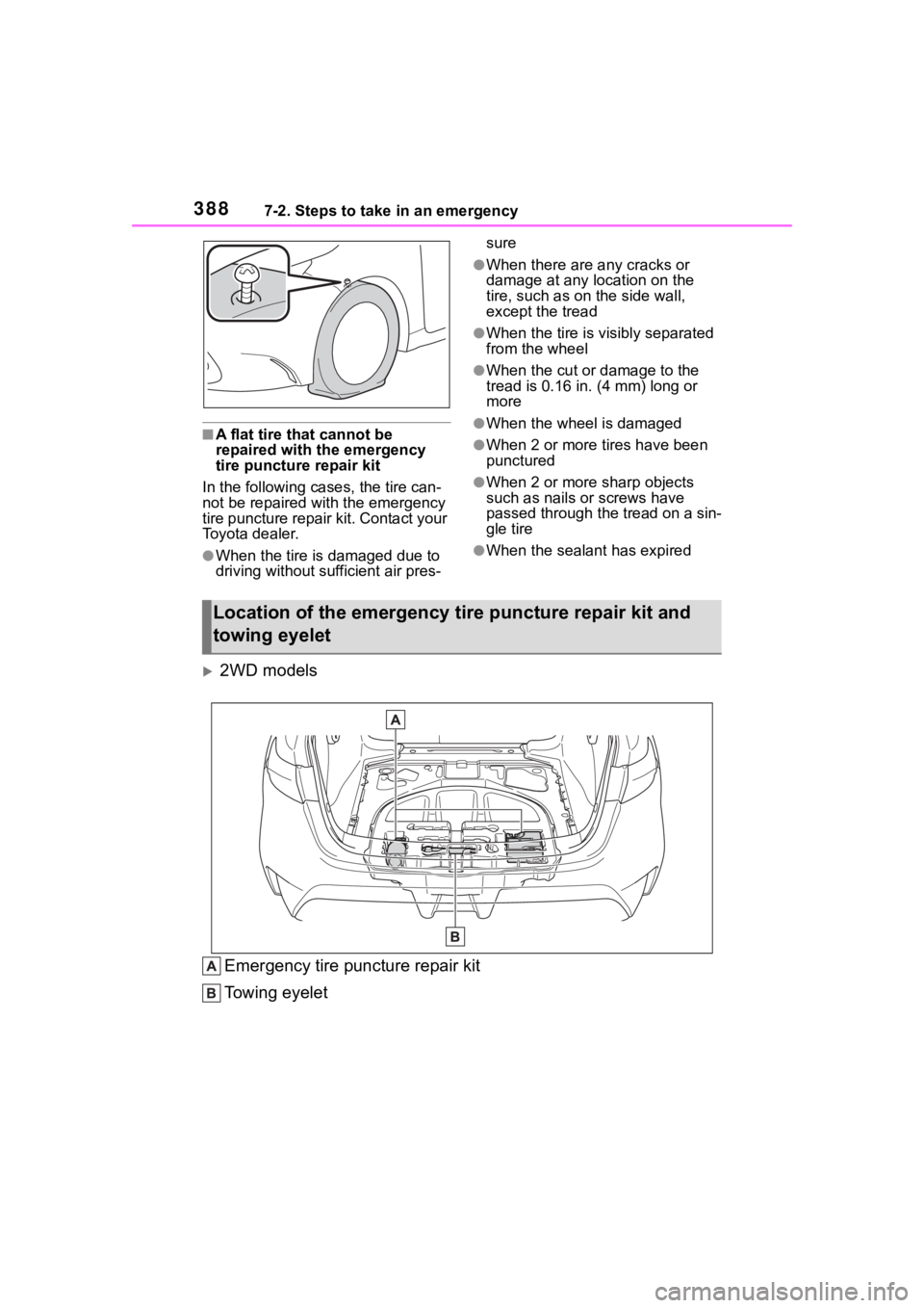 TOYOTA COROLLA HYBRID 2023 Owners Manual 3887-2. Steps to take in an emergency
■A flat tire that cannot be
repaired with the emergency
tire puncture repair kit
In the following ca ses, the tire can-
not be repaired with the emergency
t TOYOTA COROLLA HYBRID 2023 Owners Manual 3887-2. Steps to take in an emergency
■A flat tire that cannot be
repaired with the emergency
tire puncture repair kit
In the following ca ses, the tire can-
not be repaired with the emergency
t