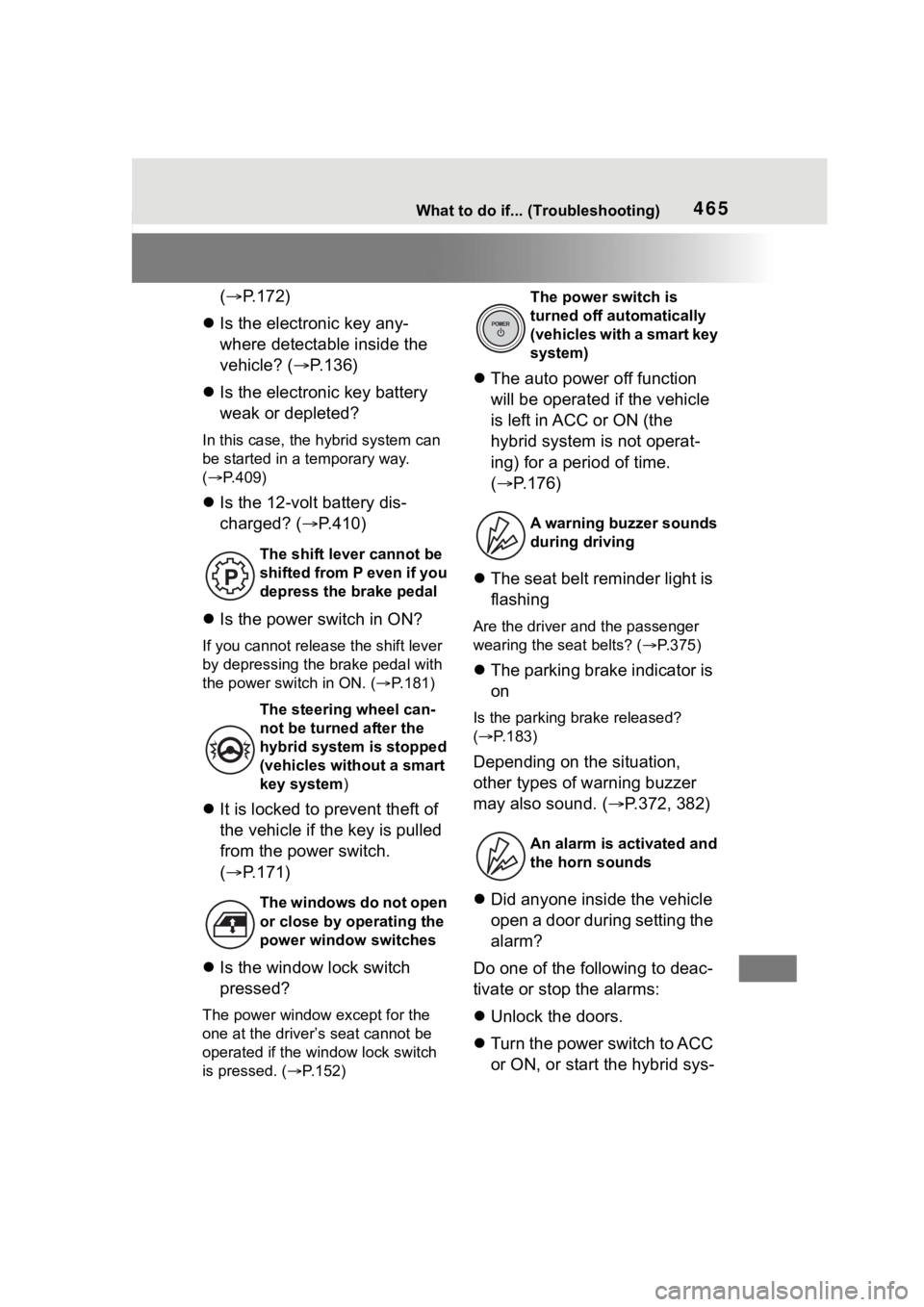 TOYOTA COROLLA HYBRID 2023  Owners Manual 465What to do if... (Troubleshooting)
(P.172)
 Is the electronic key any-
where detectable inside the 
vehicle? ( P.136)
 Is the electronic key battery 
weak or depleted?
In this case, the