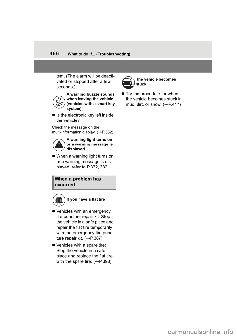 TOYOTA COROLLA HYBRID 2023  Owners Manual 466What to do if... (Troubleshooting)
tem. (The alarm will be deacti-
vated or stopped after a few 
seconds.)
 Is the electronic key left inside 
the vehicle?
Check the message on the 
multi-inform