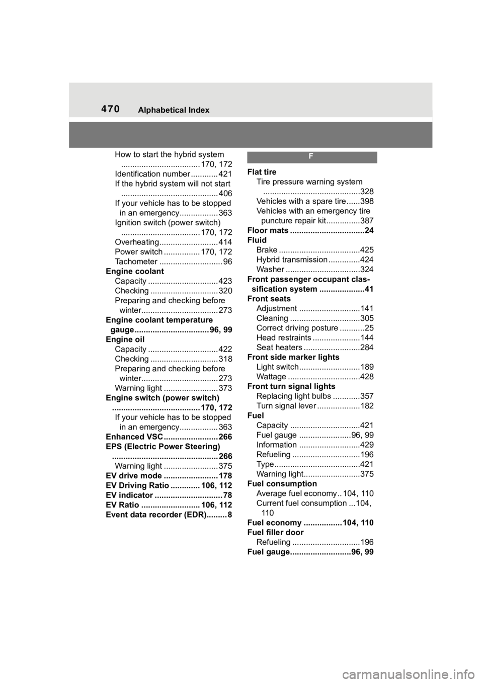 TOYOTA COROLLA HYBRID 2023  Owners Manual 470Alphabetical Index
How to start the hybrid system................................... 170, 172
Identification number ............ 421
If the hybrid sy stem will not start
...........................