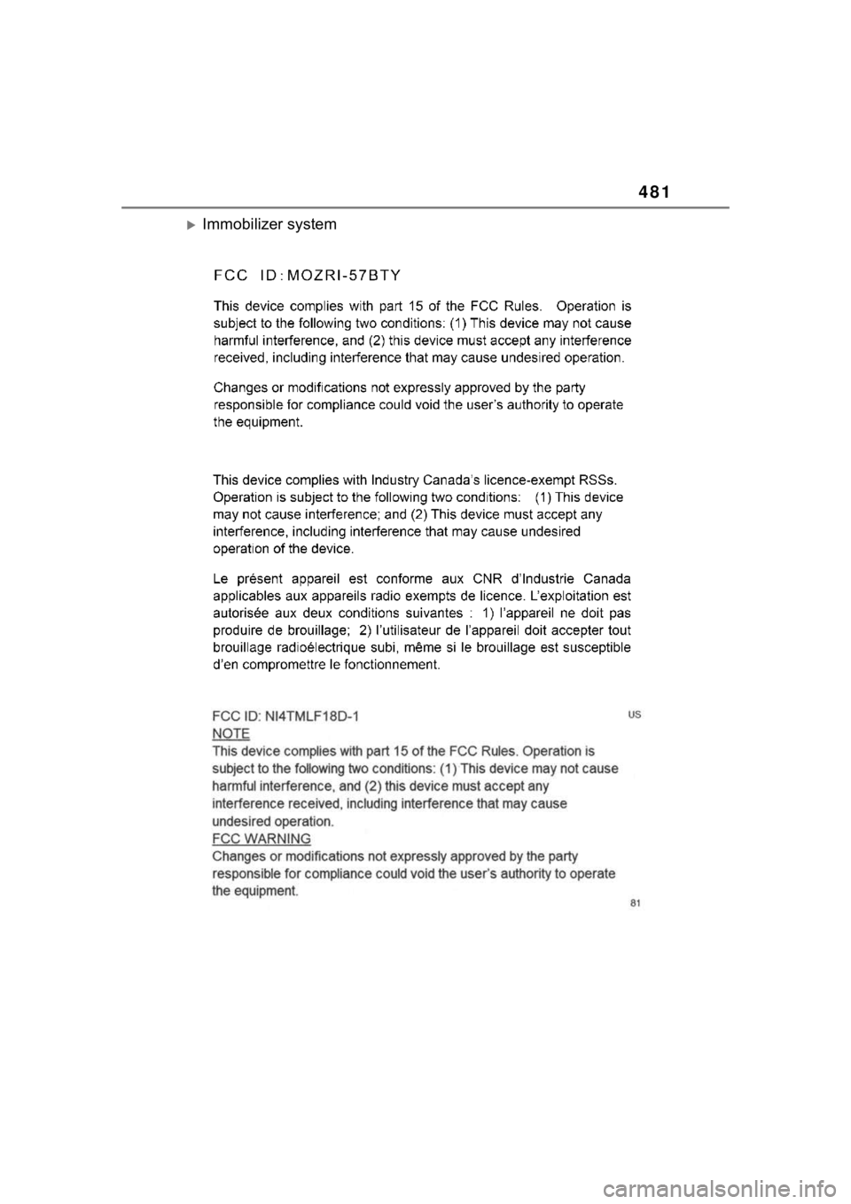 TOYOTA COROLLA HYBRID 2023  Owners Manual 481
Immobilizer system 