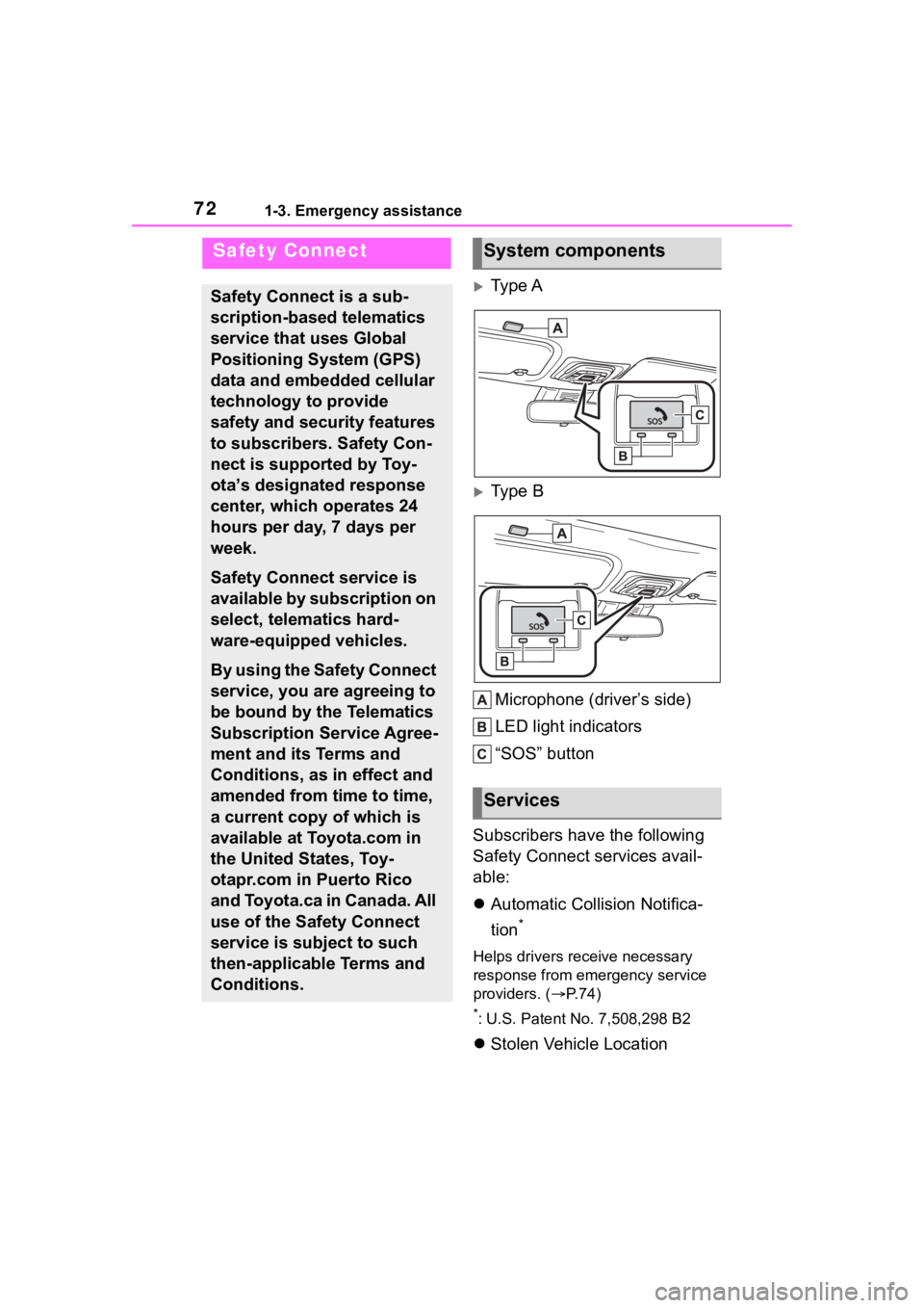 TOYOTA COROLLA HYBRID 2023 Manual PDF 721-3. Emergency assistance
1-3.Emergency assistance
Type A
Type BMicrophone (driver’s side)
LED light indicators
“SOS” button
Subscribers have the following
Safety Connect services avail TOYOTA COROLLA HYBRID 2023 Manual PDF 721-3. Emergency assistance
1-3.Emergency assistance
Type A
Type BMicrophone (driver’s side)
LED light indicators
“SOS” button
Subscribers have the following
Safety Connect services avail