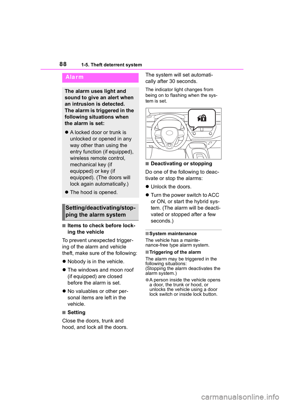 TOYOTA COROLLA HYBRID 2023  Owners Manual 881-5. Theft deterrent system
■Items to check before lock-
ing the vehicle
To prevent unexpected trigger-
ing of the alarm and vehicle 
theft, make sure of the following:
 Nobody is in the vehicl