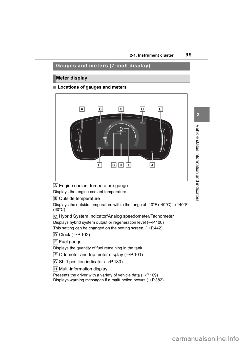 TOYOTA COROLLA HYBRID 2023 Owners Manual 992-1. Instrument cluster
2
Vehicle status information and indicators
■Locations of gauges and metersEngine coolant temperature gauge
Displays the engine c oolant temperature
Outside temperature
Dis TOYOTA COROLLA HYBRID 2023 Owners Manual 992-1. Instrument cluster
2
Vehicle status information and indicators
■Locations of gauges and metersEngine coolant temperature gauge
Displays the engine c oolant temperature
Outside temperature
Dis