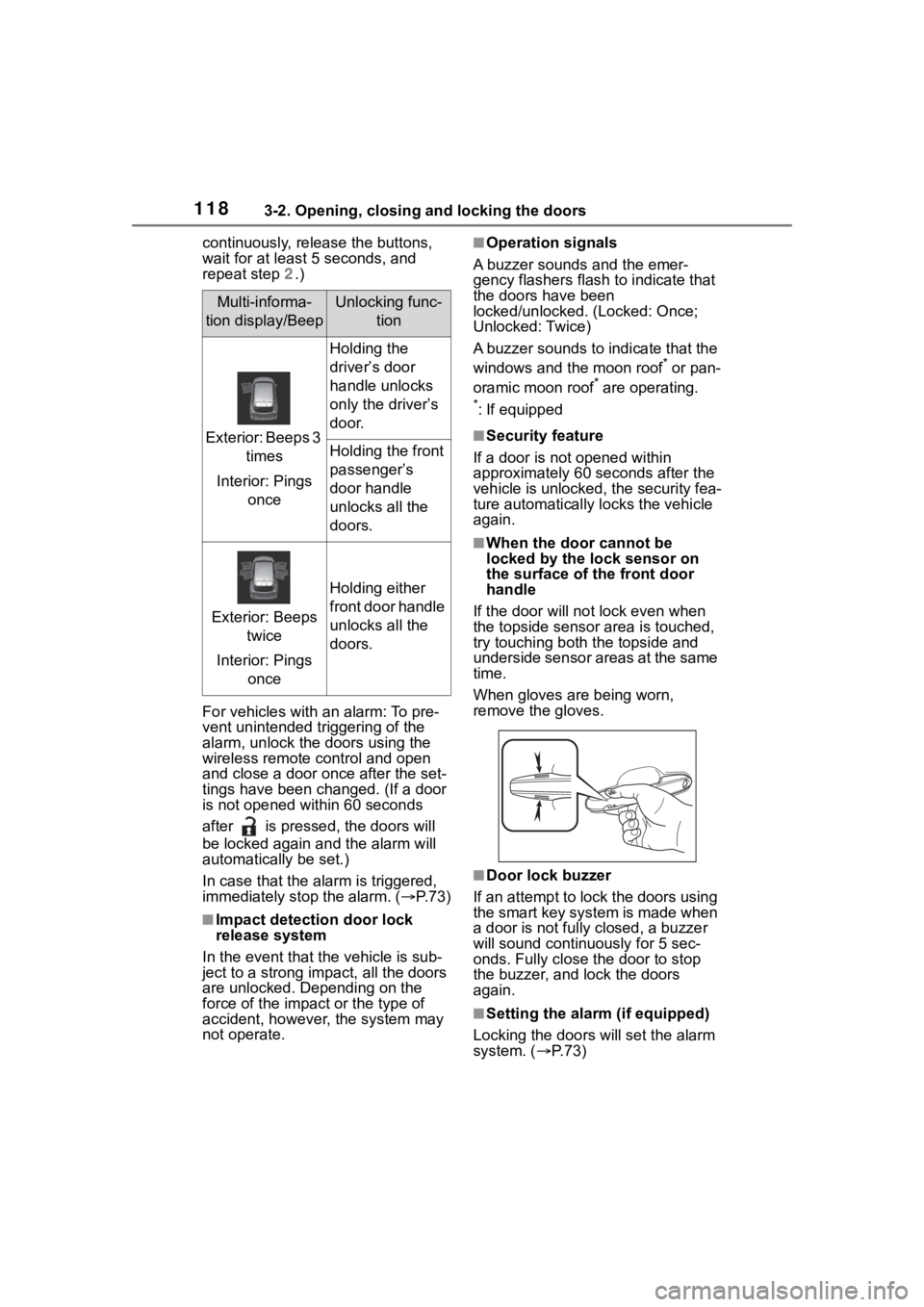 TOYOTA HIGHLANDER 2022 Owners Manual 1183-2. Opening, closing and locking the doors
continuously, release the buttons,
wait for at least 5 seconds, and
repeat step 2.)
For vehicles with an alarm: To pre-
vent unintended triggering of t TOYOTA HIGHLANDER 2022 Owners Manual 1183-2. Opening, closing and locking the doors
continuously, release the buttons,
wait for at least 5 seconds, and
repeat step 2.)
For vehicles with an alarm: To pre-
vent unintended triggering of t