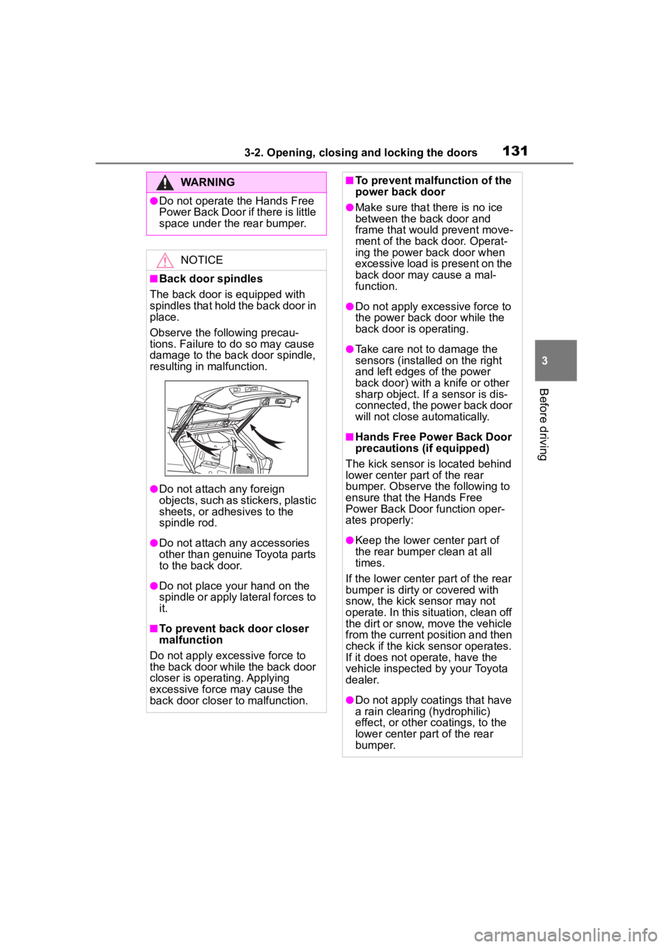 TOYOTA HIGHLANDER 2022  Owners Manual 1313-2. Opening, closing and locking the doors
3
Before driving
WARNING
●Do not operate the Hands Free 
Power Back Door if there is little 
space under the rear bumper.
NOTICE
■Back door spindles
