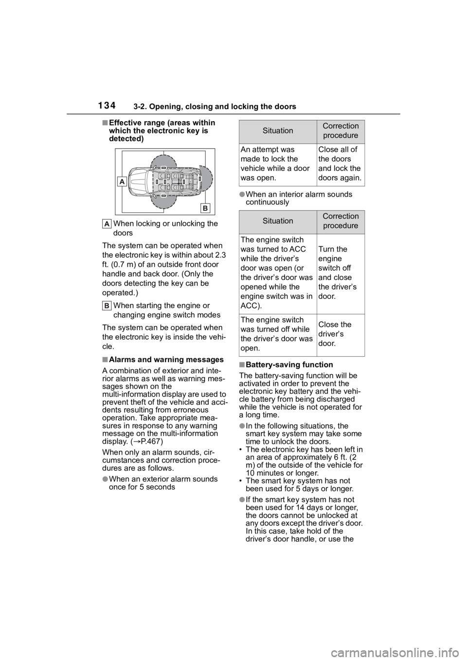 TOYOTA HIGHLANDER 2022 Owners Manual 1343-2. Opening, closing and locking the doors
■Effective range (areas within
which the electronic key is
detected)When locking or unlocking the
doors
The system can be operated when
the electro TOYOTA HIGHLANDER 2022 Owners Manual 1343-2. Opening, closing and locking the doors
■Effective range (areas within
which the electronic key is
detected)When locking or unlocking the
doors
The system can be operated when
the electro