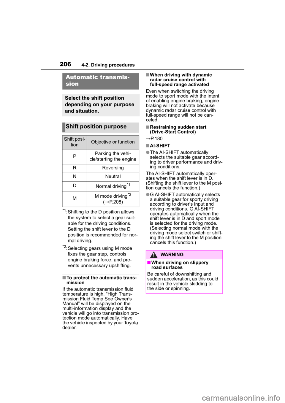 TOYOTA HIGHLANDER 2022 Repair Manual 2064-2. Driving procedures
*1: Shifting to the D position allows the system to select a gear suit-
able for the driving conditions.
Setting the shift lever to the D
position is recommended for nor-
TOYOTA HIGHLANDER 2022 Repair Manual 2064-2. Driving procedures
*1: Shifting to the D position allows the system to select a gear suit-
able for the driving conditions.
Setting the shift lever to the D
position is recommended for nor-