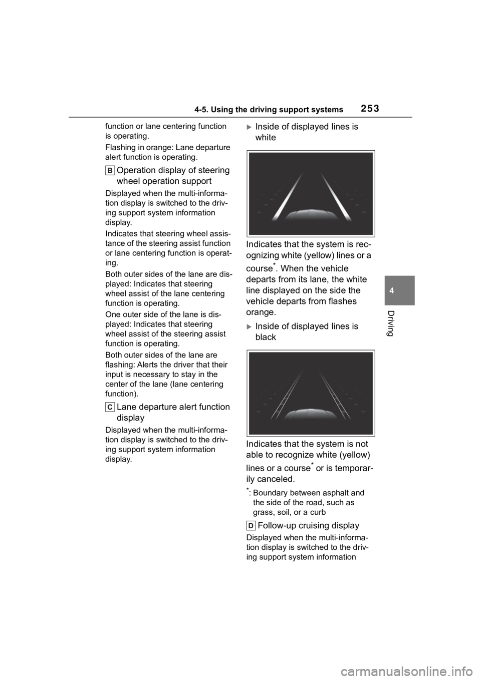 TOYOTA HIGHLANDER 2022 Manual PDF 2534-5. Using the driving support systems
4
Driving
function or lane centering function
is operating.
Flashing in orange: Lane departure
alert function is operating.
Operation display of steering
w TOYOTA HIGHLANDER 2022 Manual PDF 2534-5. Using the driving support systems
4
Driving
function or lane centering function
is operating.
Flashing in orange: Lane departure
alert function is operating.
Operation display of steering
w
