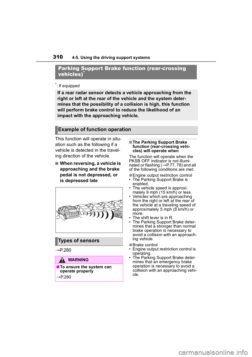 TOYOTA HIGHLANDER 2022 Owners Manual 3104-5. Using the driving support systems
*: If equipped
This function will operate in situ-
ation such as the following if a
vehicle is detected in the travel-
ing direction of the vehicle.
■When TOYOTA HIGHLANDER 2022 Owners Manual 3104-5. Using the driving support systems
*: If equipped
This function will operate in situ-
ation such as the following if a
vehicle is detected in the travel-
ing direction of the vehicle.
■When