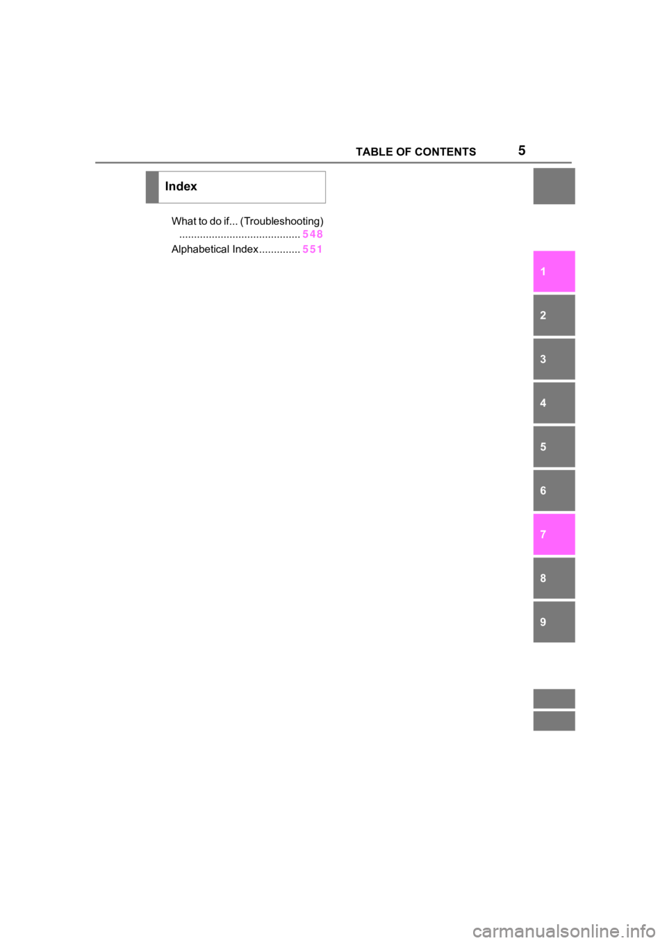 TOYOTA HIGHLANDER 2022  Owners Manual 5TABLE OF CONTENTS
1
2
3
4
5
6
7
8
9
10
What to do if... (Troubleshooting) ......................................... 548
Alphabetical Index .............. 551
Index 