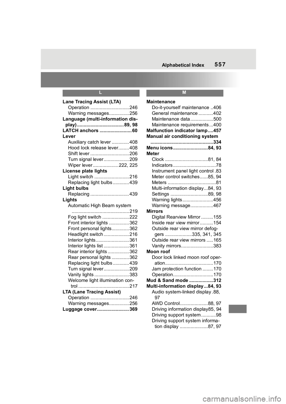 TOYOTA HIGHLANDER 2022 Owners Manual 557Alphabetical Index
L
Lane Tracing Assist (LTA)Operation ............................. 246
Warning messages............... 256
Language (multi-information dis- play) ................................ TOYOTA HIGHLANDER 2022 Owners Manual 557Alphabetical Index
L
Lane Tracing Assist (LTA)Operation ............................. 246
Warning messages............... 256
Language (multi-information dis- play) ................................