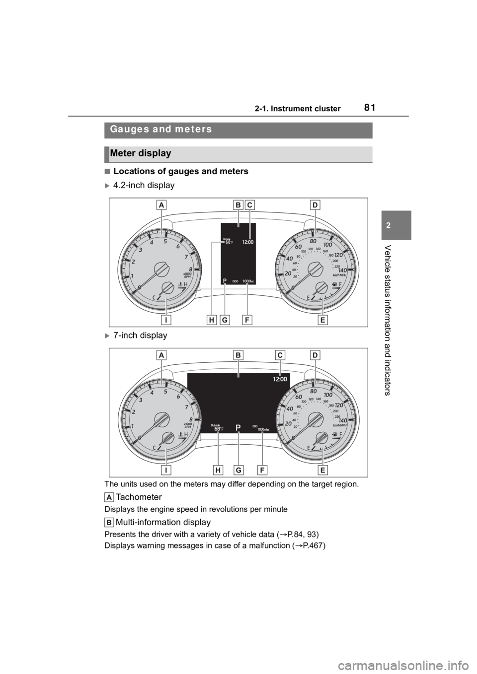 TOYOTA HIGHLANDER 2022  Owners Manual 812-1. Instrument cluster
2
Vehicle status information and indicators
■Locations of gauges and meters
4.2-inch display
7-inch display
The units used on the meters may differ depending on the t