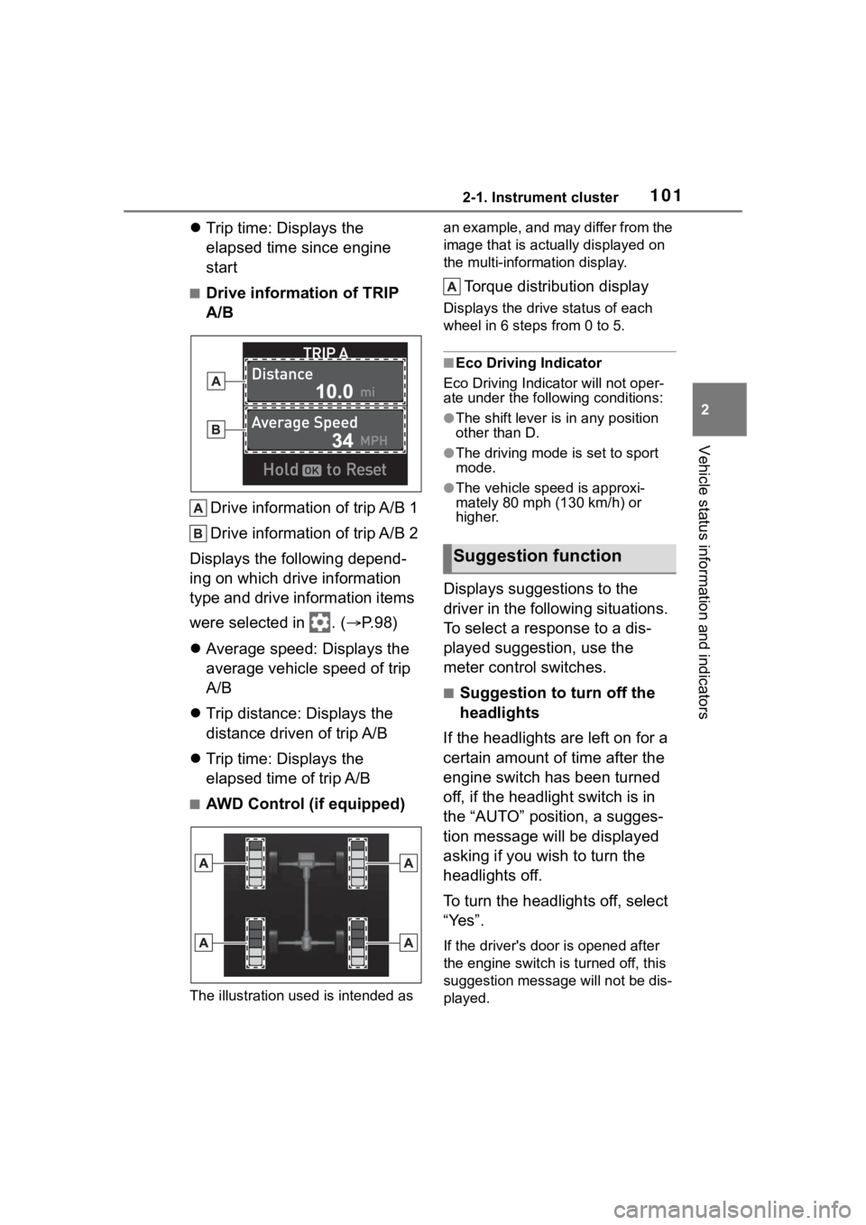 TOYOTA HIGHLANDER 2023 Owners Manual 1012-1. Instrument cluster
2
Vehicle status information and indicators
Trip time: Displays the
elapsed time since engine
start
■Drive information of TRIP
A/B
Drive information of trip A/B 1
Dr TOYOTA HIGHLANDER 2023 Owners Manual 1012-1. Instrument cluster
2
Vehicle status information and indicators
Trip time: Displays the
elapsed time since engine
start
■Drive information of TRIP
A/B
Drive information of trip A/B 1
Dr