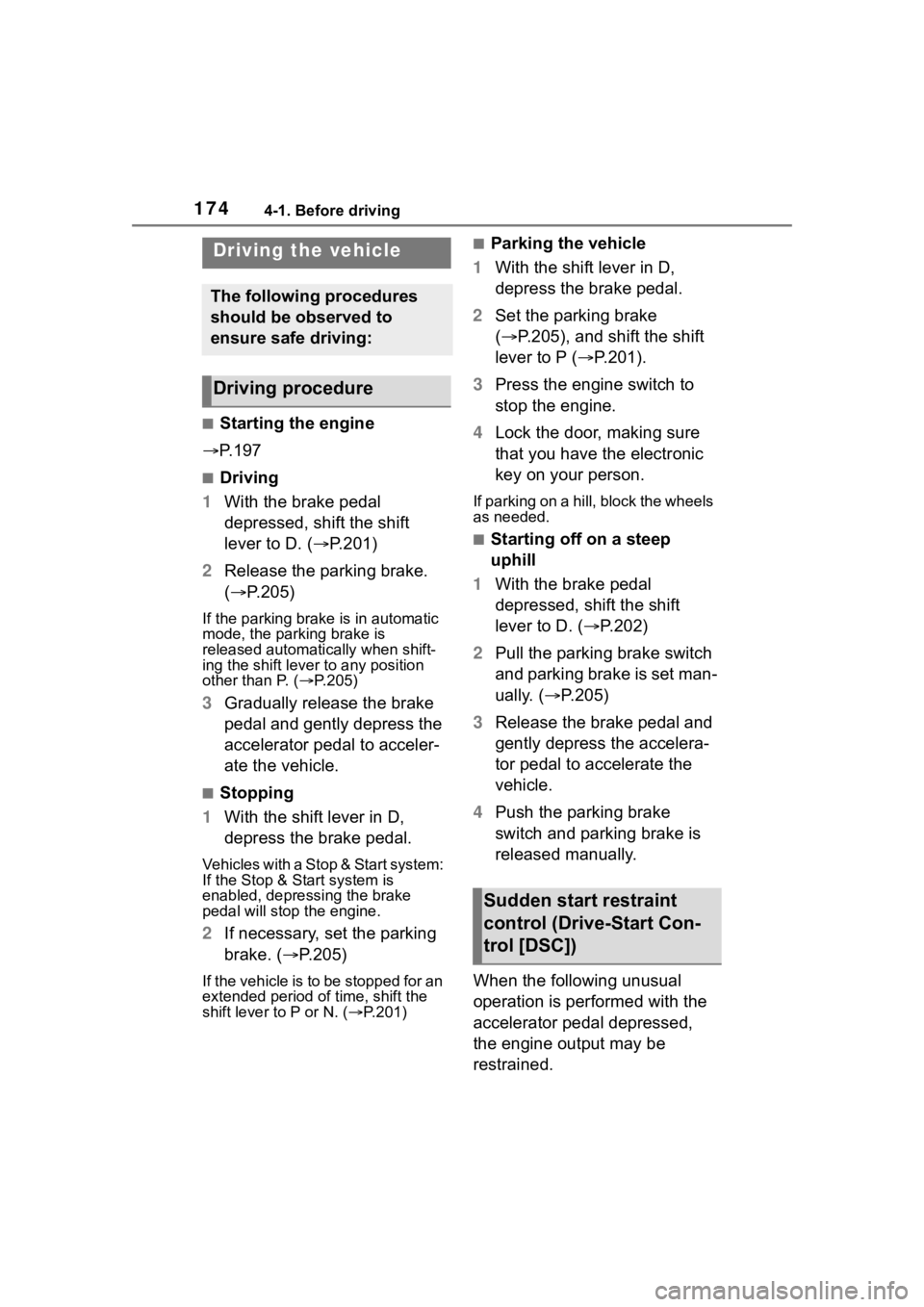 TOYOTA HIGHLANDER 2023 Owners Manual 1744-1. Before driving
4-1.Before driving
■Starting the engine
P. 1 9 7
■Driving
1 With the brake pedal
depressed, shift the shift
lever to D. ( P.201)
2 Release the parking brake.
( TOYOTA HIGHLANDER 2023 Owners Manual 1744-1. Before driving
4-1.Before driving
■Starting the engine
P. 1 9 7
■Driving
1 With the brake pedal
depressed, shift the shift
lever to D. ( P.201)
2 Release the parking brake.
(