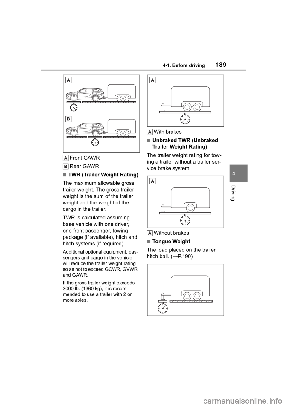 TOYOTA HIGHLANDER 2023 Owners Manual 1894-1. Before driving
4
Driving
Front GAWR
Rear GAWR
■TWR (Trailer Weight Rating)
The maximum allowable gross
trailer weight. The gross trailer
weight is the sum of the trailer
weight and the we TOYOTA HIGHLANDER 2023 Owners Manual 1894-1. Before driving
4
Driving
Front GAWR
Rear GAWR
■TWR (Trailer Weight Rating)
The maximum allowable gross
trailer weight. The gross trailer
weight is the sum of the trailer
weight and the we
