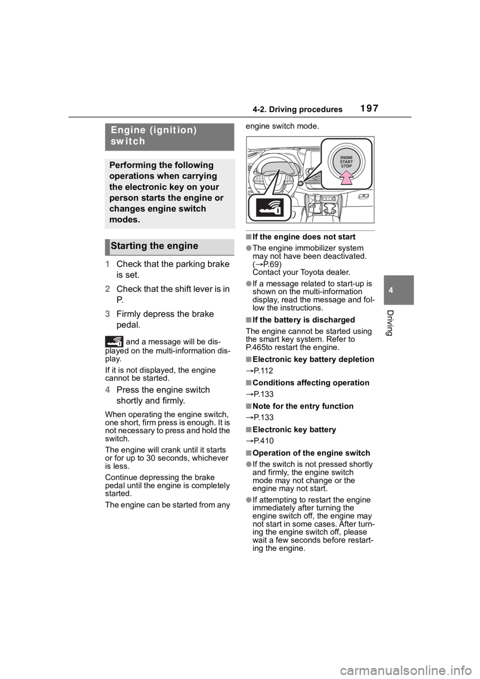 TOYOTA HIGHLANDER 2023  Owners Manual 1974-2. Driving procedures
4
Driving
4-2.Driving procedures
1Check that the parking brake 
is set.
2 Check that the shift lever is in 
P.
3 Firmly depress the brake 
pedal.
 and a message  will be dis