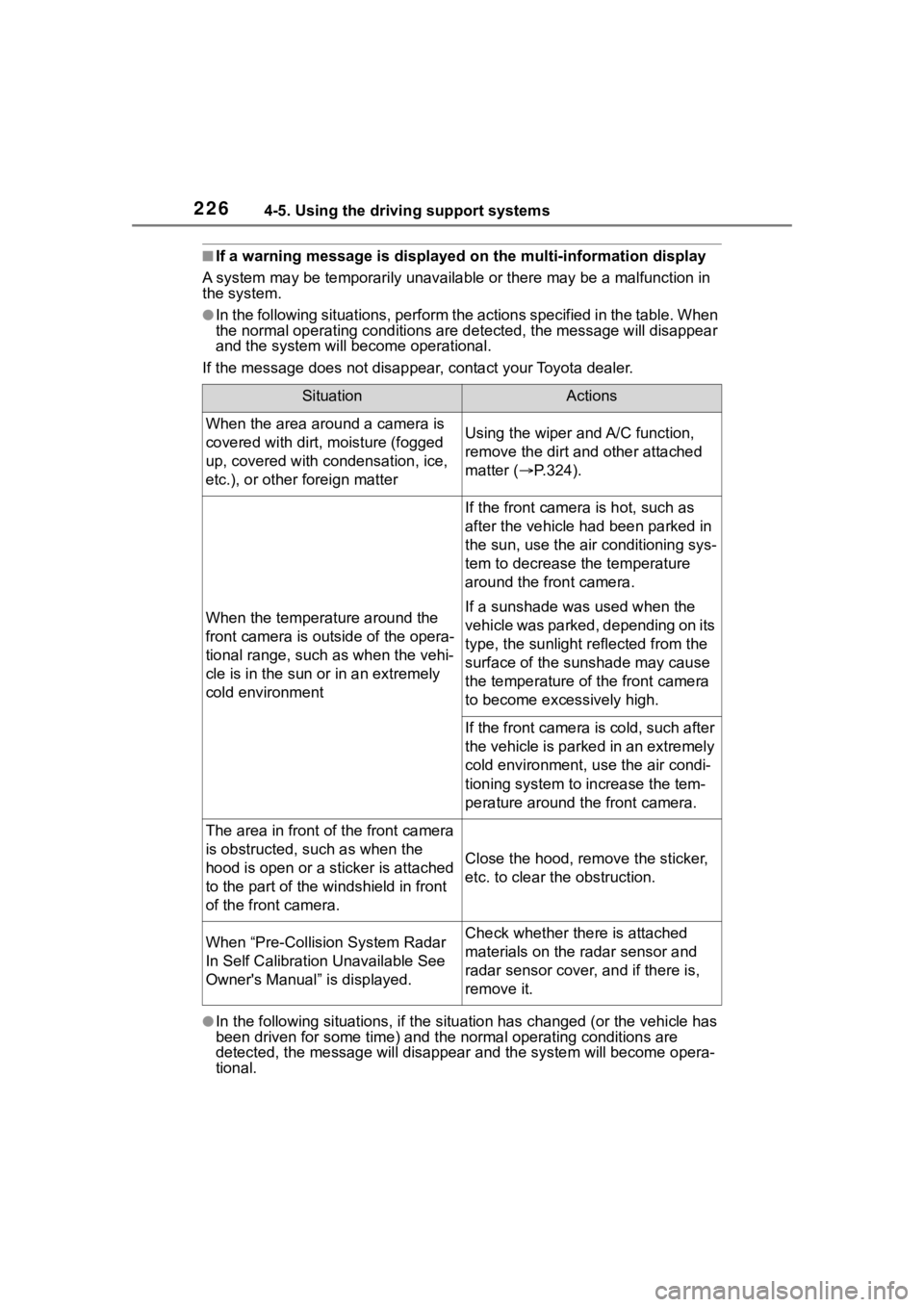 TOYOTA HIGHLANDER 2023 Owners Manual 2264-5. Using the driving support systems
■If a warning message is displayed on the multi-information display
A system may be tempor arily unavailable or there may be a malfu nction in
the system.
TOYOTA HIGHLANDER 2023 Owners Manual 2264-5. Using the driving support systems
■If a warning message is displayed on the multi-information display
A system may be tempor arily unavailable or there may be a malfu nction in
the system.