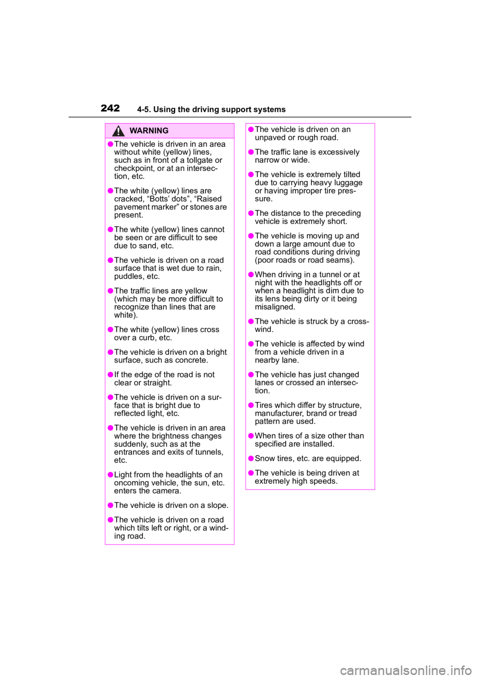 TOYOTA HIGHLANDER 2023  Owners Manual 2424-5. Using the driving support systems
WARNING
●The vehicle is driven in an area 
without white (yellow) lines, 
such as in front of a tollgate or 
checkpoint, or at an intersec-
tion, etc.
●Th