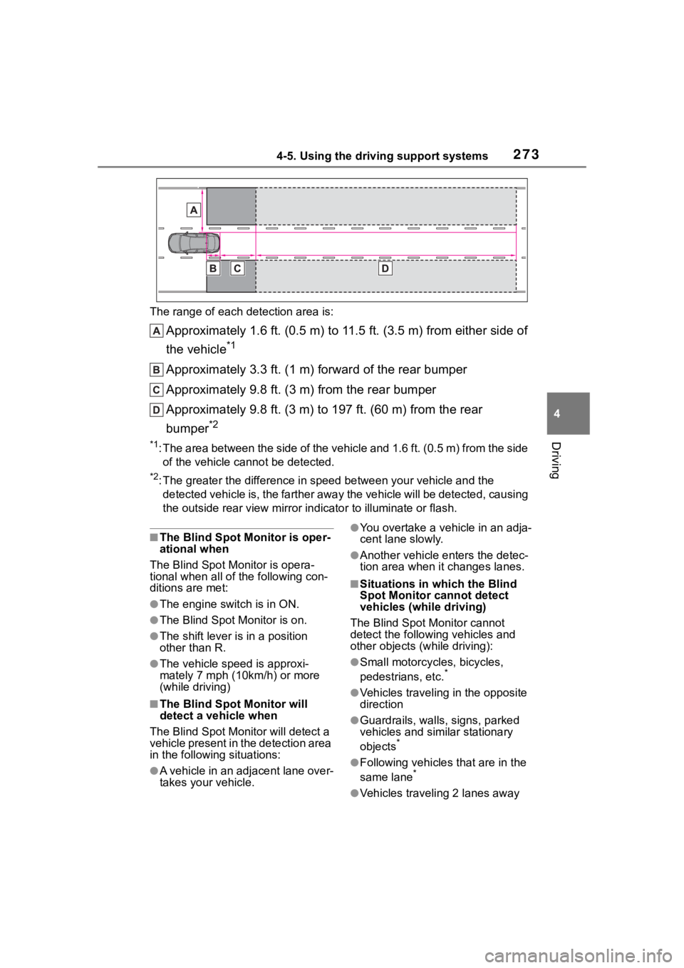 TOYOTA HIGHLANDER 2023  Owners Manual 2734-5. Using the driving support systems
4
Driving
The range of each detection area is:
Approximately 1.6 ft. (0.5 m) to 11.5 ft. (3.5 m) from either side of 
the vehicle
*1
Approximately 3.3 ft. (1 