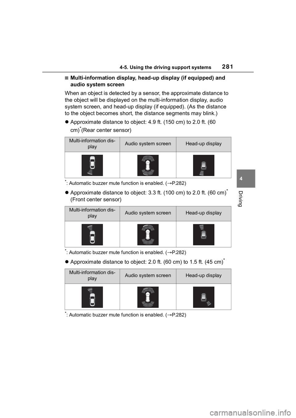 TOYOTA HIGHLANDER 2023  Owners Manual 2814-5. Using the driving support systems
4
Driving
■Multi-information display, head-up display (if equipped) and 
audio system screen
When an object is detected by a sensor, the approximate distanc